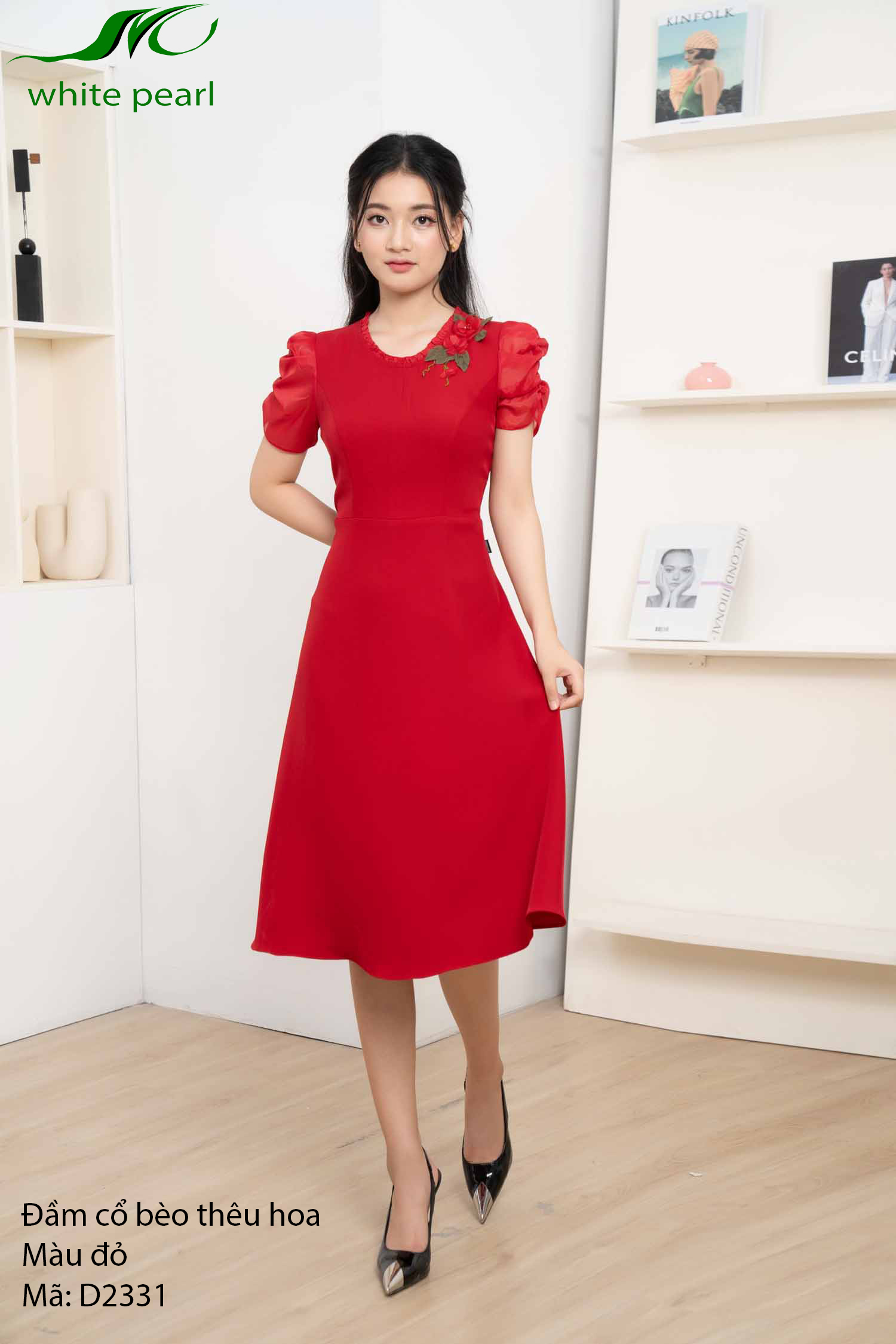 Mẫu đầm cổ bèo thêu hoa thời trang công sở nữ cao cấp White Pearl D2331_thumbnail_3