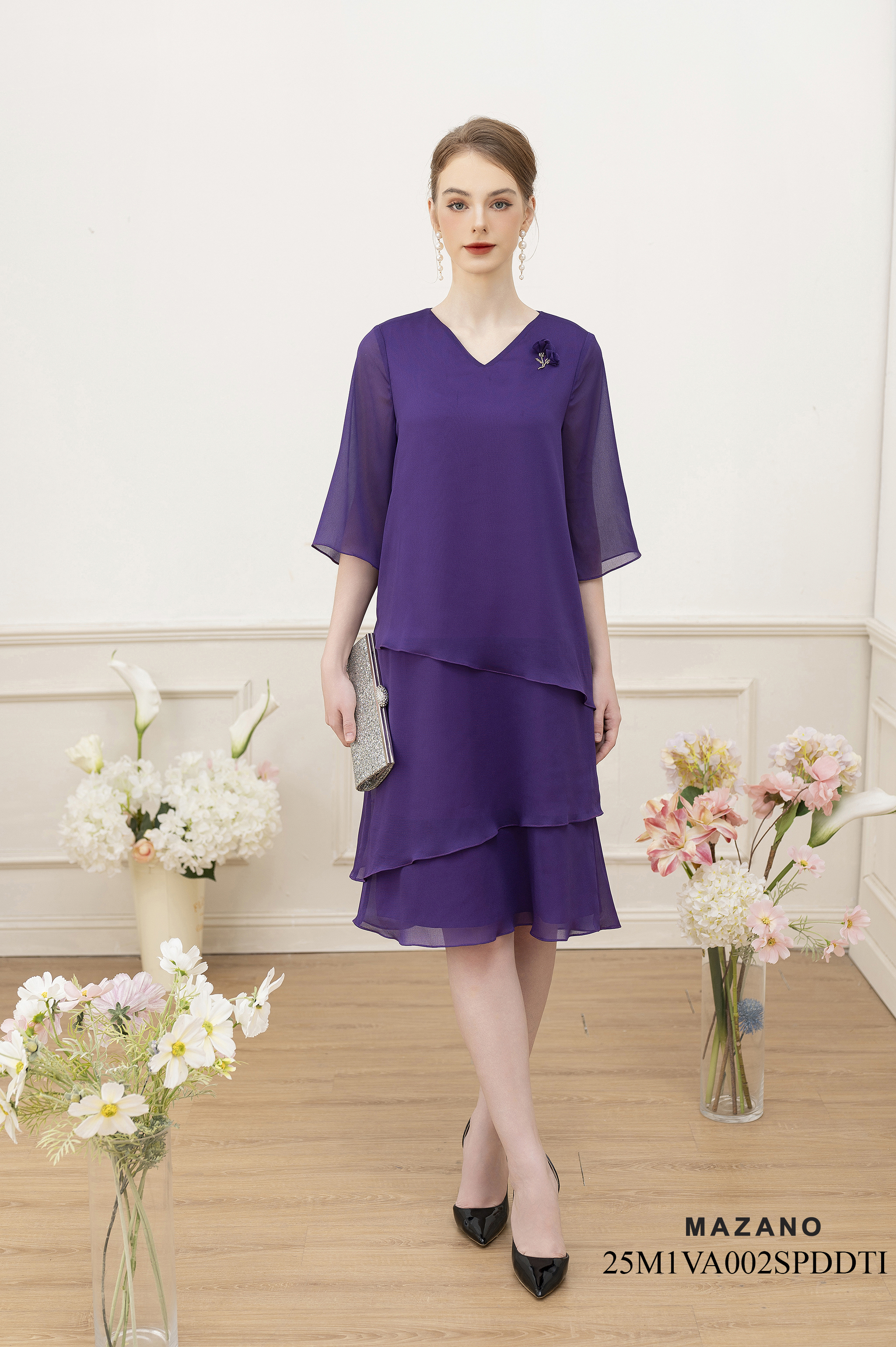 Váy Đầm Suông Vải voan Đính hoa thủ công Cổ V Tay lỡ Dài qua gối