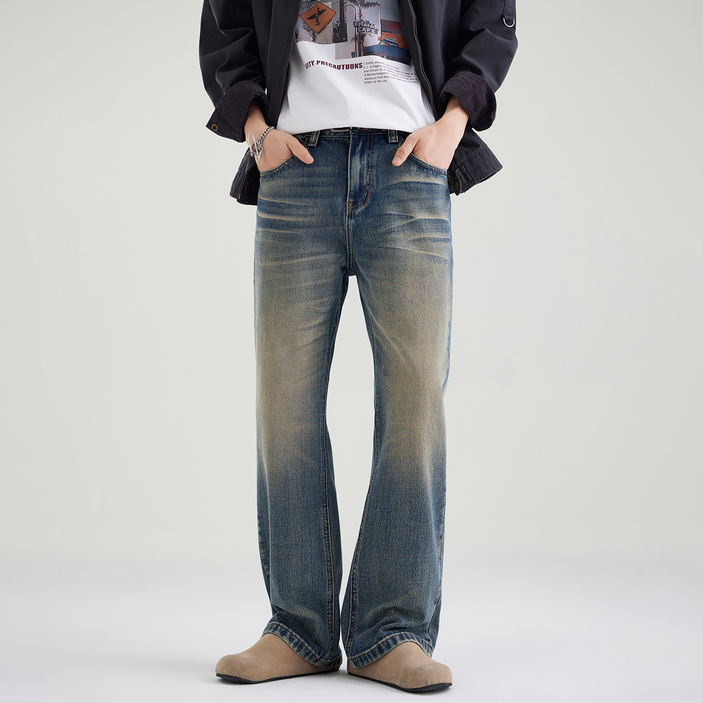 Quần jean ống rộng phong cách retro thông thường của Mỹ cao cấp dành cho nam giới theo xu hướng quần dài đa năng cá tính