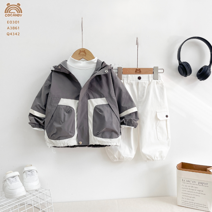 Áo khoác gió GHI lót lông phối BE túi phồng