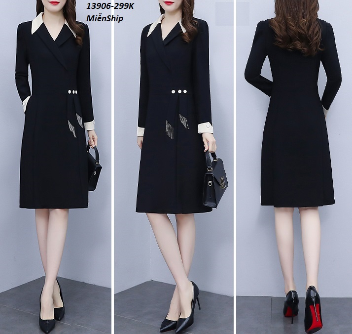 13906-Đâm xòe tay dài, cổ vest pối phụ kiện eo (thun hà lan)FREESHIP_thumbnail_3