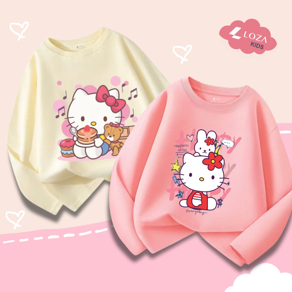 Áo thun dài tay bé gái in hình Hello Kitty dễ thương cho bé từ 15-40kg - Áo thu đông trẻ em Loza Kids - KT003
