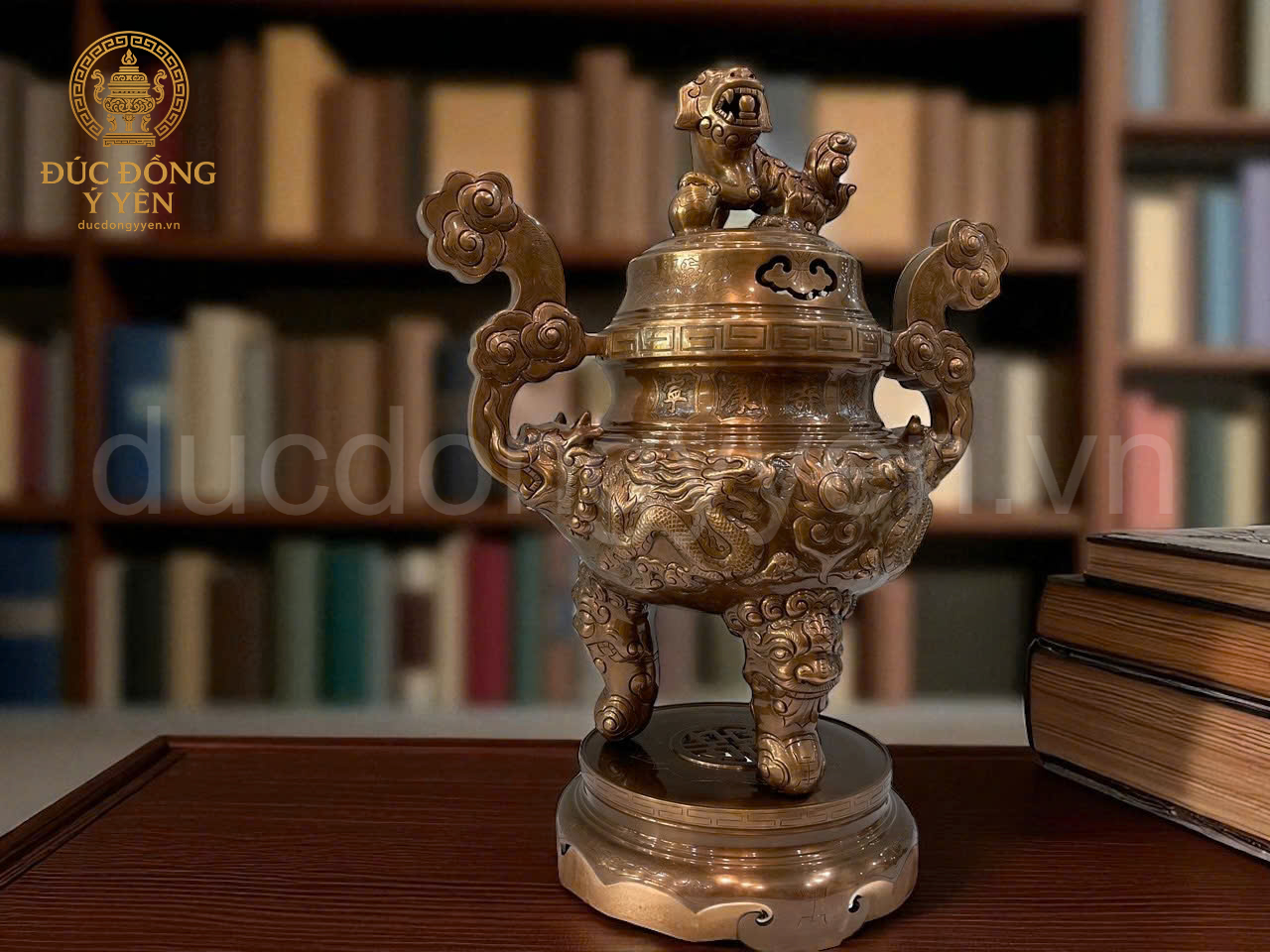 Bộ đỉnh thờ tam sự đúc đồng đỏ hoa văn rồng làm màu giả cổ _thumbnail_3