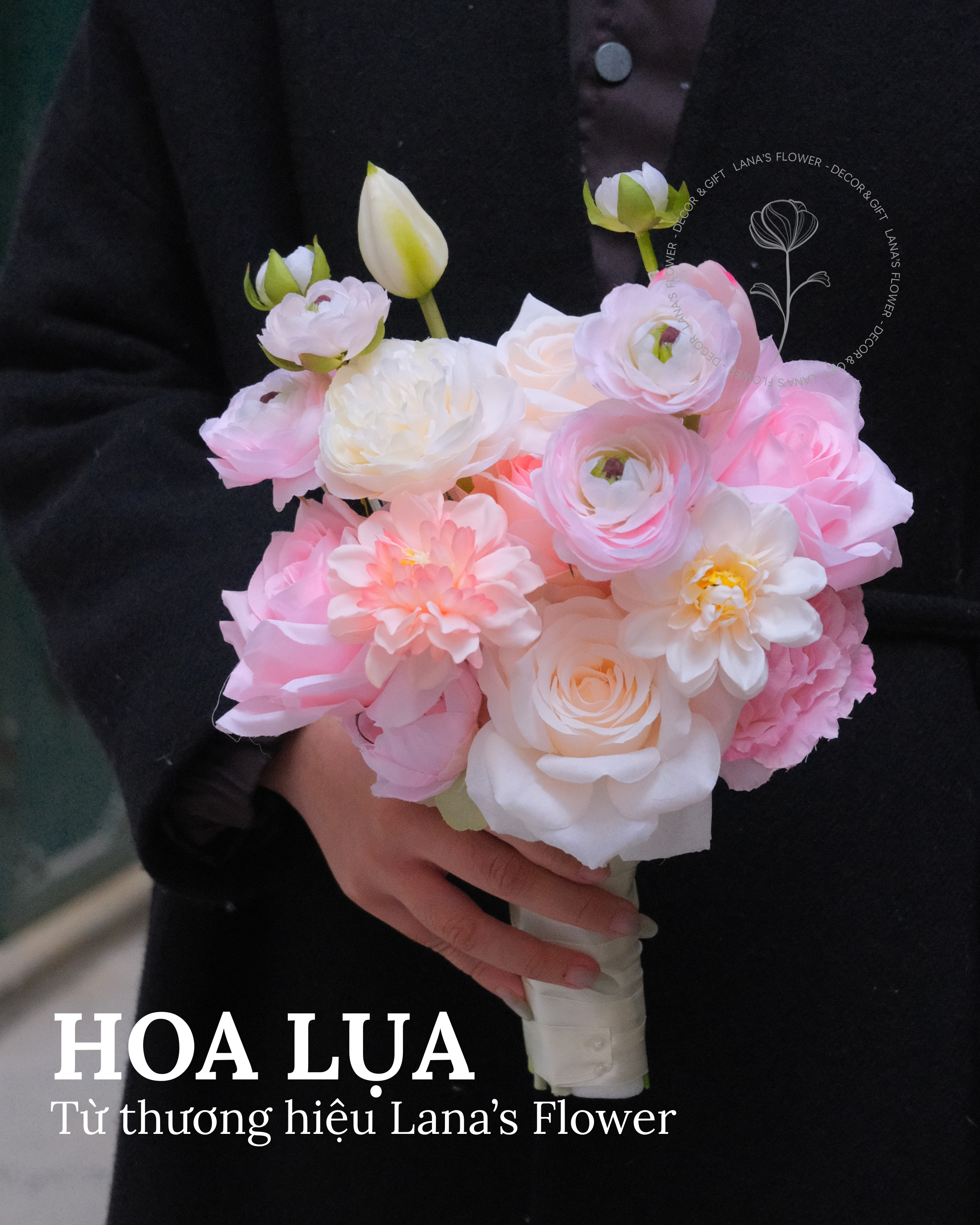 Bó hoa cưới hoa lụa Mao lương mix - Dáng vát 1 mặt - Tone Hồng