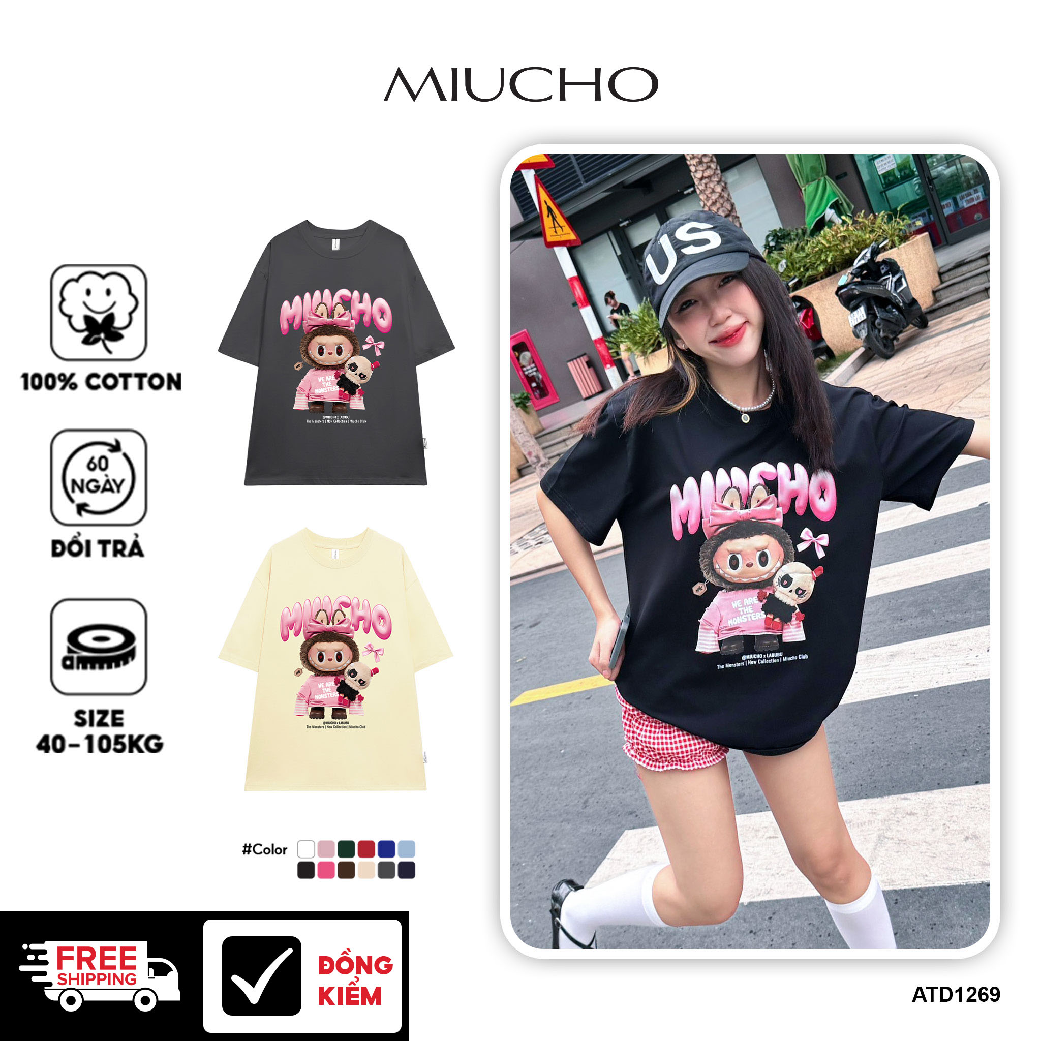 Áo thun labubu form rộng hottrend ATD1269 Miucho vải cotton thoáng mát cổ tròn in mix_thumbnail_1