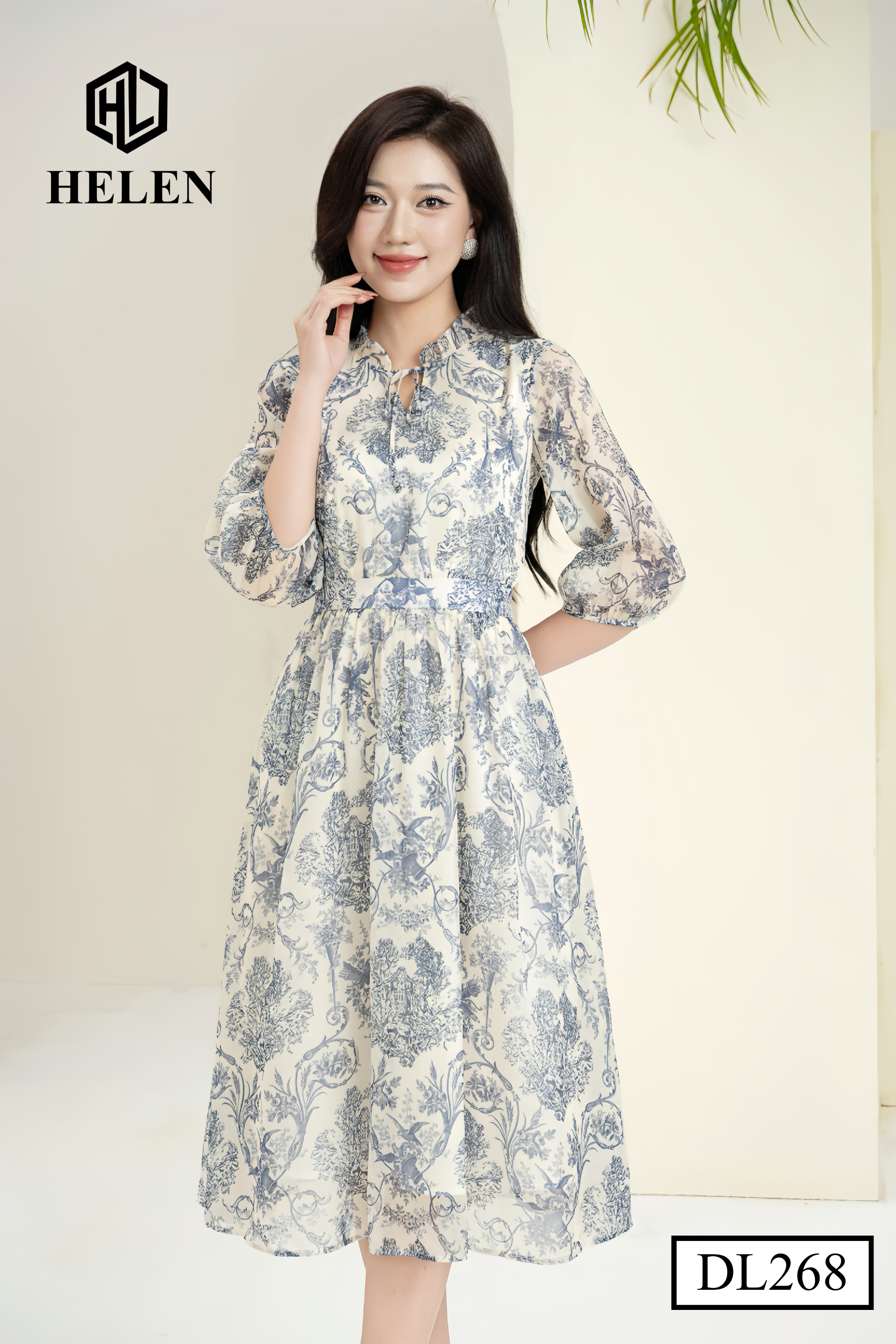 Đầm xòe họa tiết thổ cẩm cổ nhún tay lỡ DL268_thumbnail_3