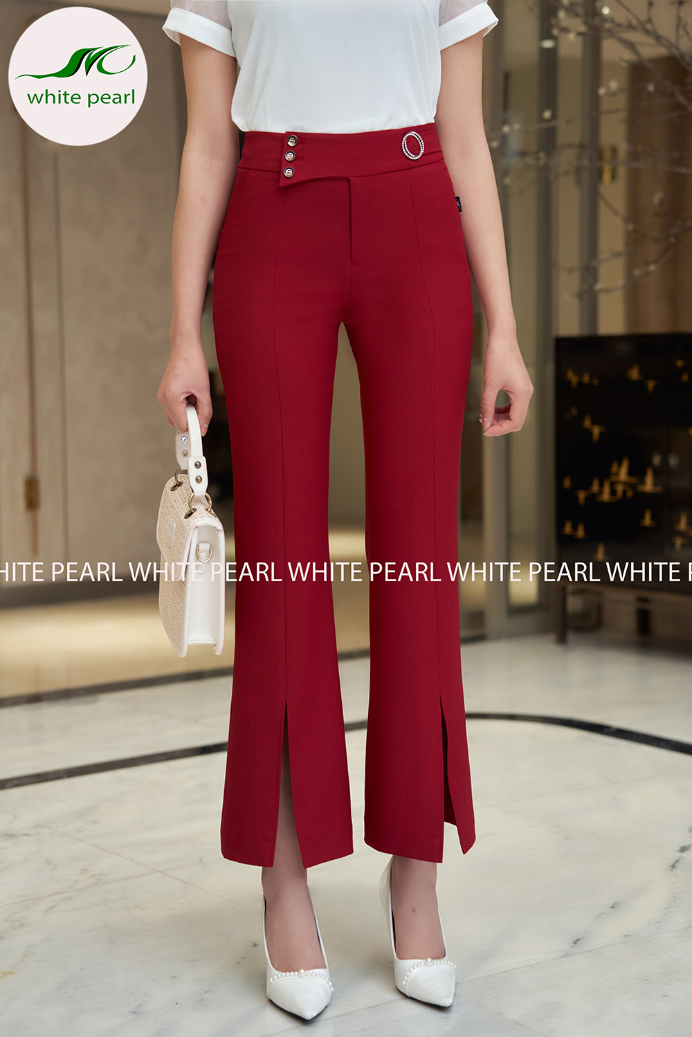 Quần âu nữ ống vảy vạt xéo xẻ trước đai chéo 3 cúc thời trang nữ White Pearl_thumbnail_1