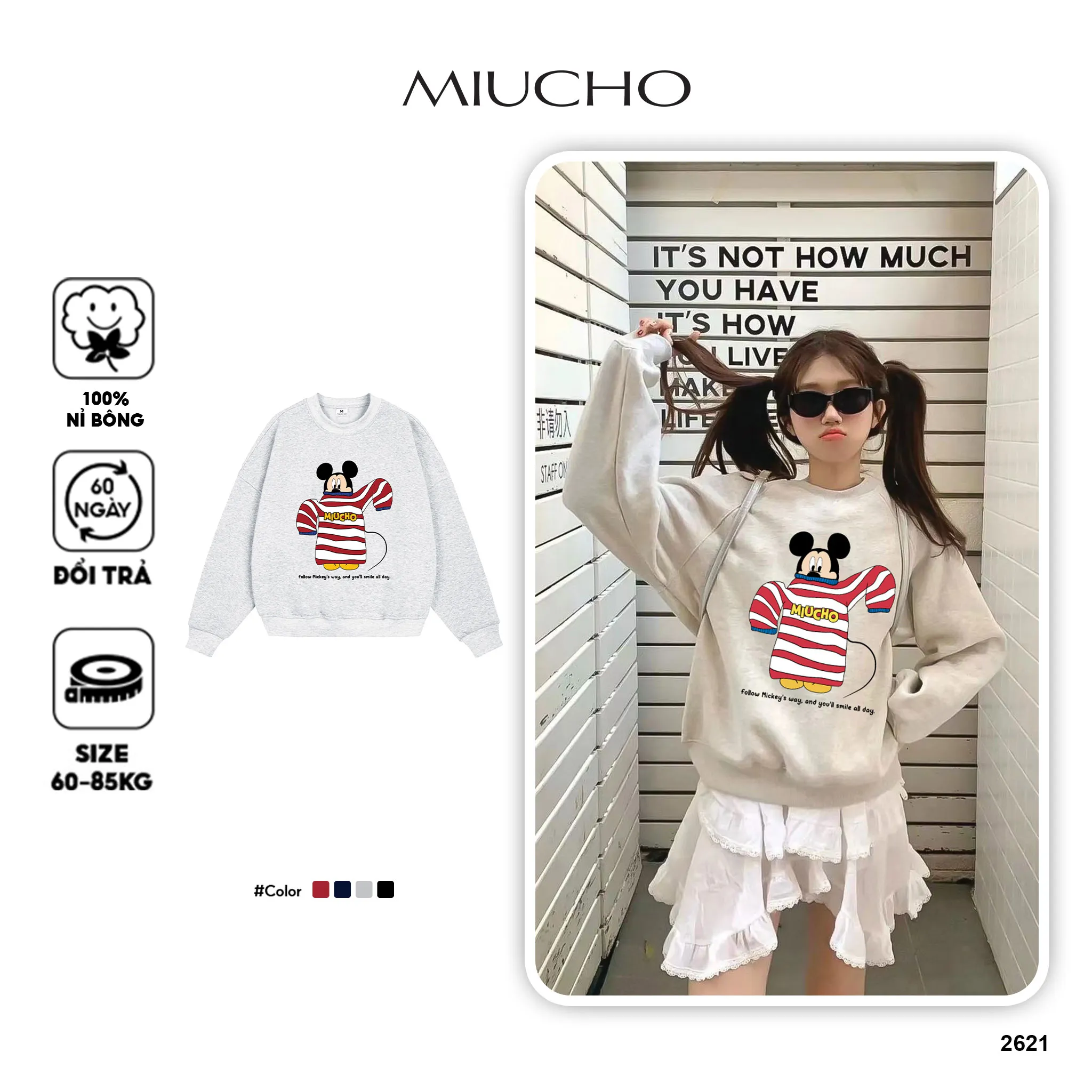Áo sweater form boxy chuột mickey 2621 Miucho chất vải nỉ bông cáo cấp thoáng mát cổ tròn in mix
