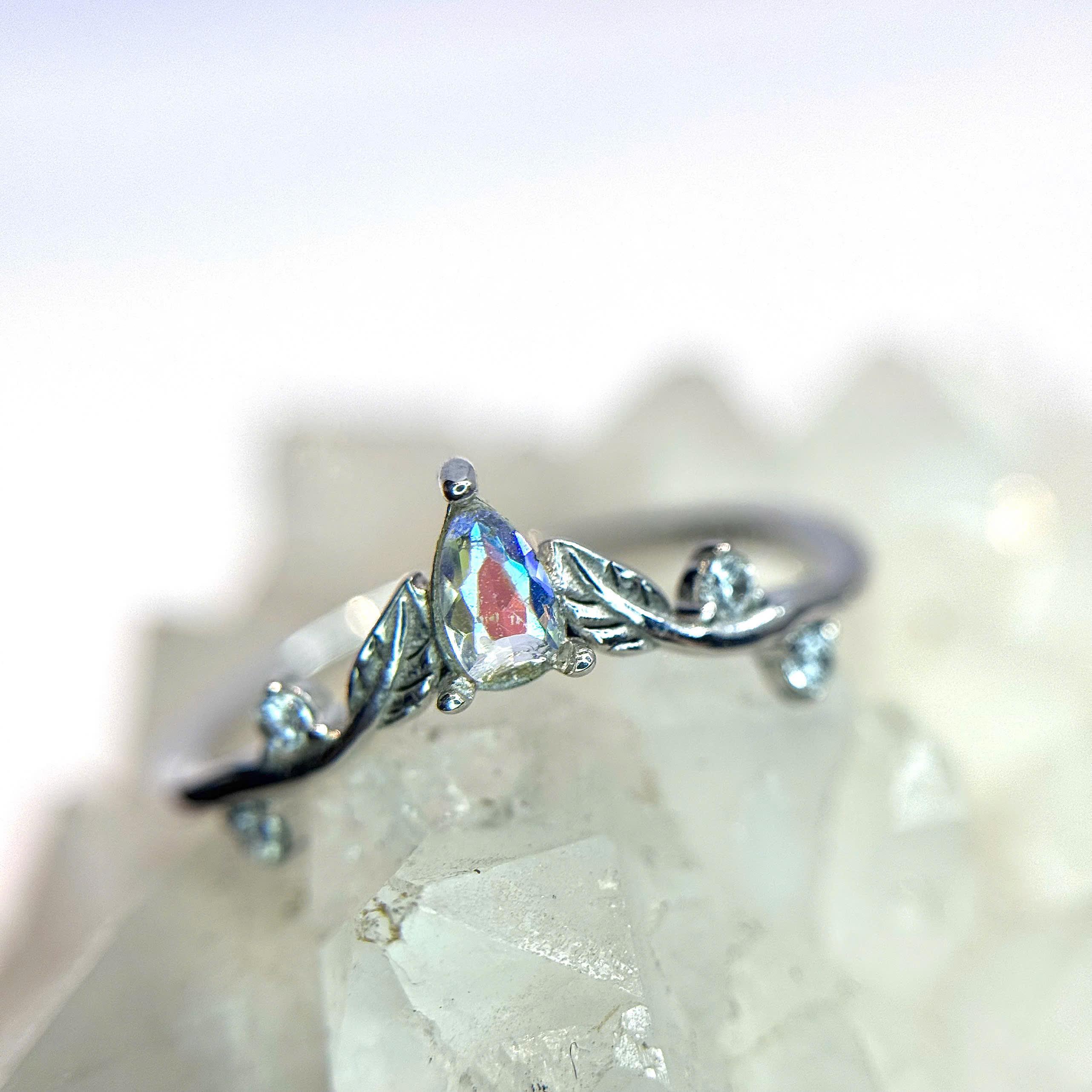 Nhẫn bạc xi bạch kim vươn miệng lá đá 7 màu size 6