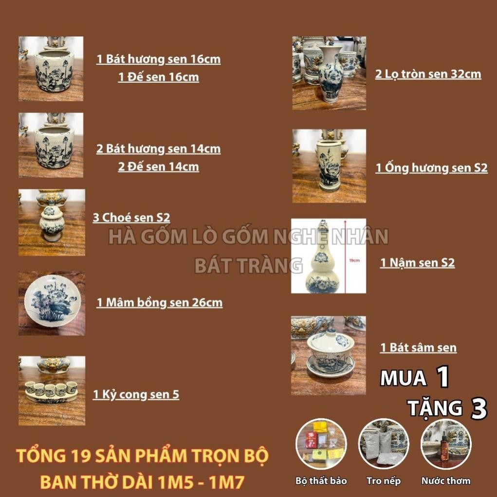 HG123 Đồ Thờ Cúng Bộ 19 món ban thờ 1M5 - 1M7 men rạn trơn nghệ nhân Bát Tràng chế tác TẶNG Thất Bảo, Tro Nếp_thumbnail_1