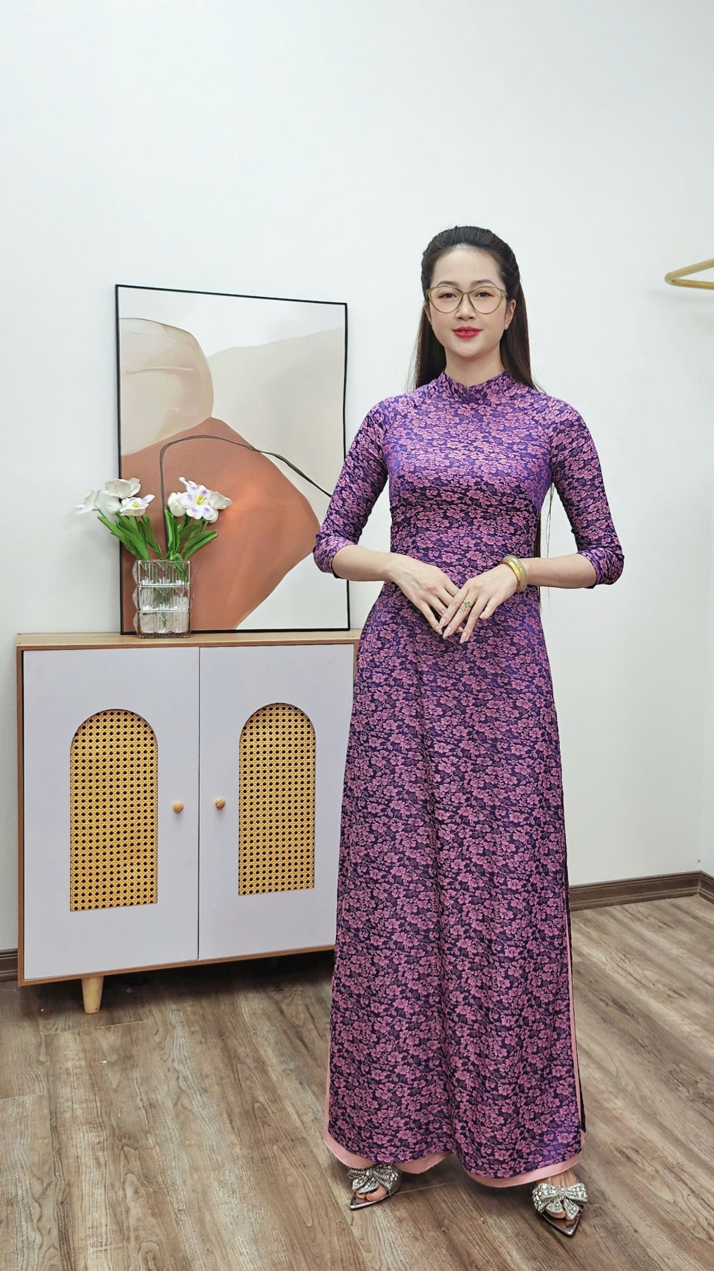 A2477 áo dài gấm cổ 2p tím ánh Hồng