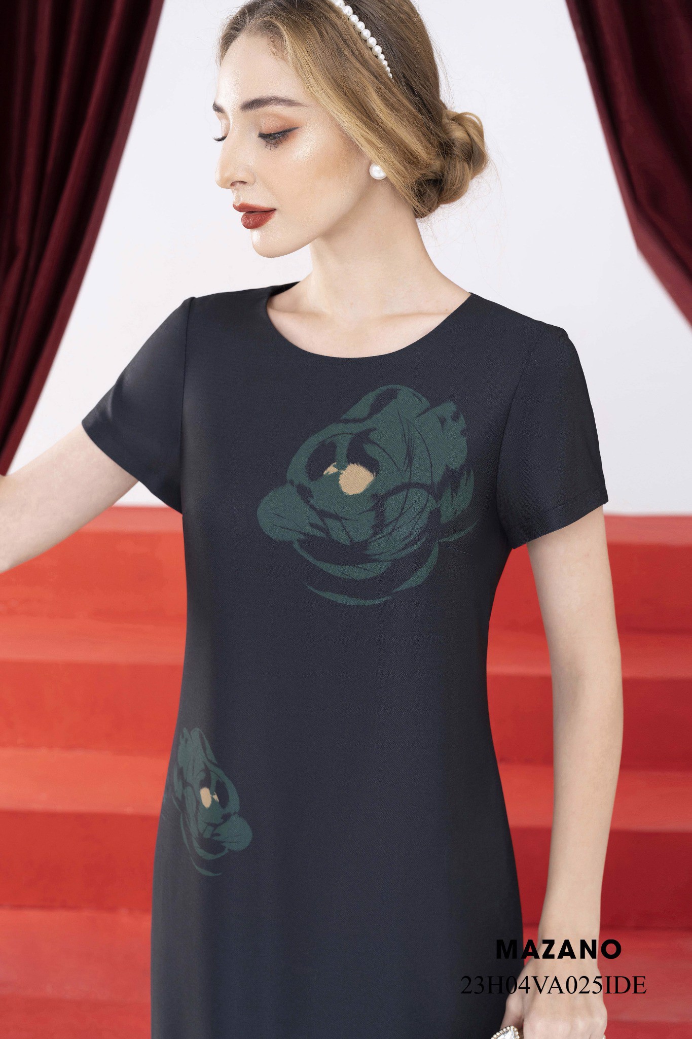 Váy Đầm Suông Vải thô mỏng Hoạ tiết hoa cách điệu Cổ tròn Tay ngắn Dài qua gối_thumbnail_3