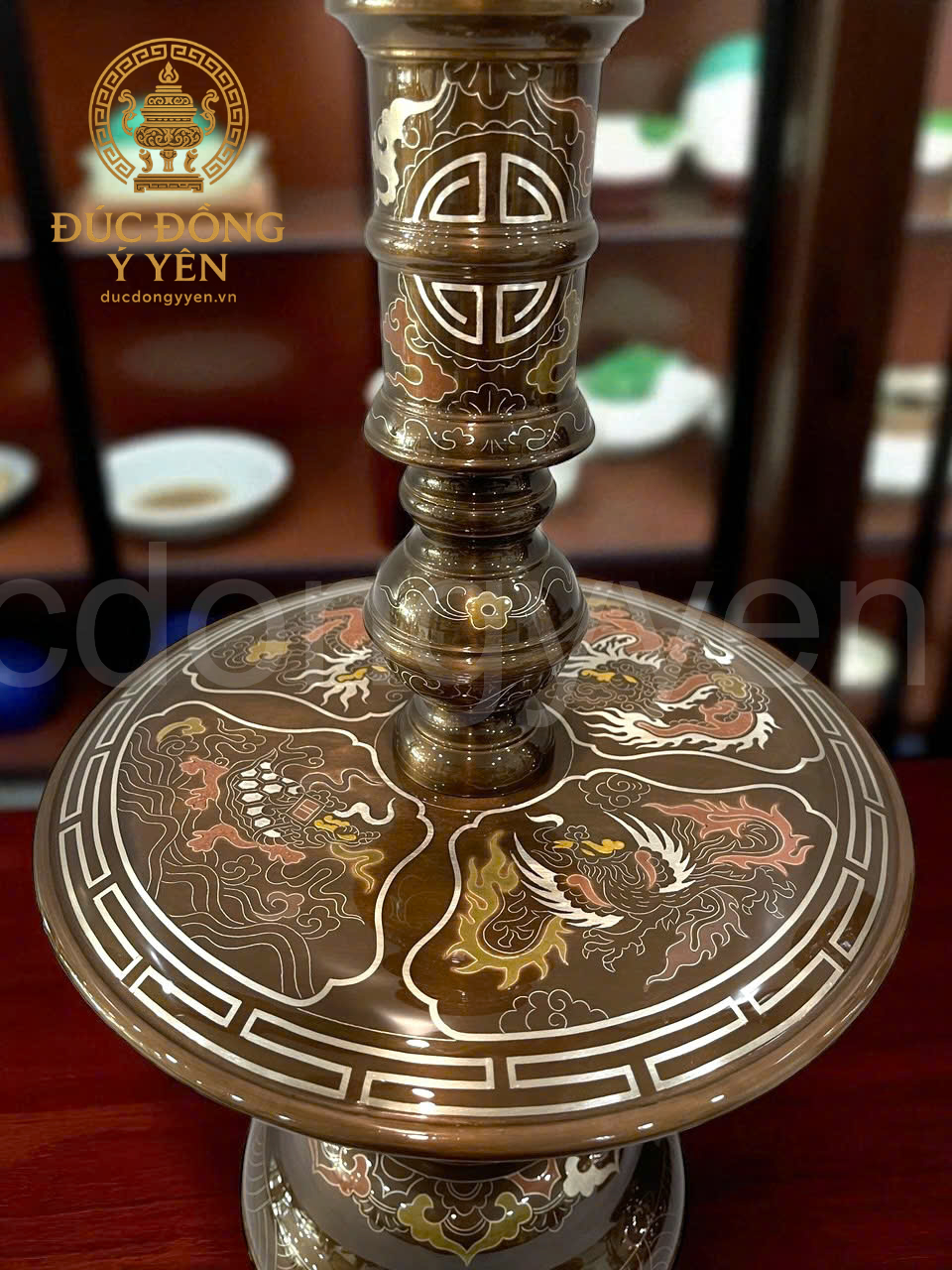 Bộ đỉnh thờ tam sự khảm ngũ sắc khảm hoa văn sen đúc đồng đỏ _thumbnail_4