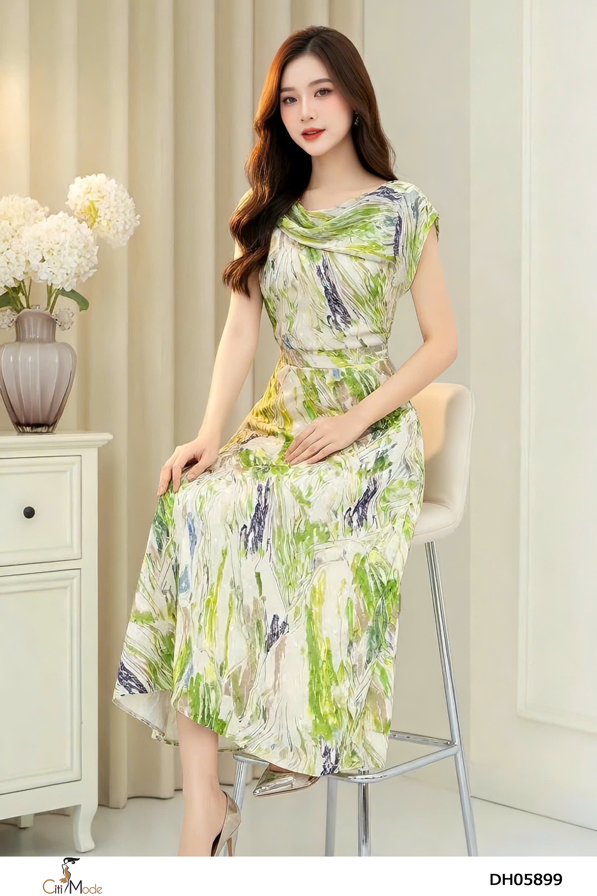Đầm xòe hoa xanh tay liền. nhún eo + cách điệu cổ_thumbnail_2