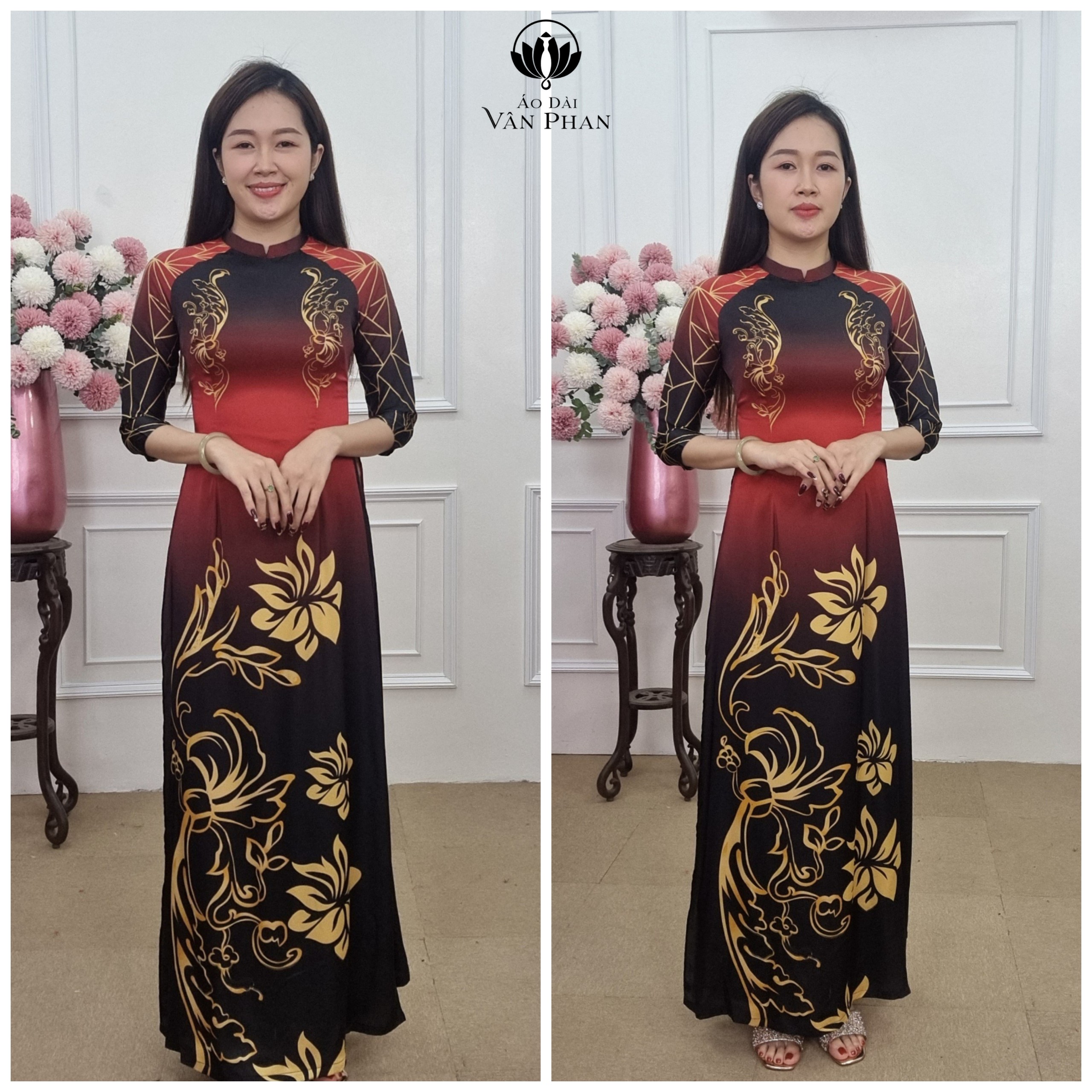 A2041 áo dài lụa pháp cổ 2p nền đỏ pha đen hoa vàng_thumbnail_3