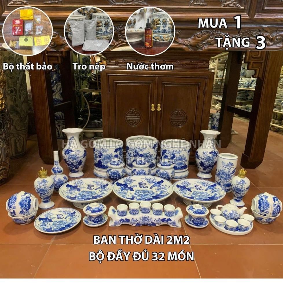 HG264 Đồ Thờ Cúng Bộ 32 món ban thờ 2M2 men trắng nghệ nhân Bát Tràng chế tác TẶNG Thất Bảo, Tro Nếp