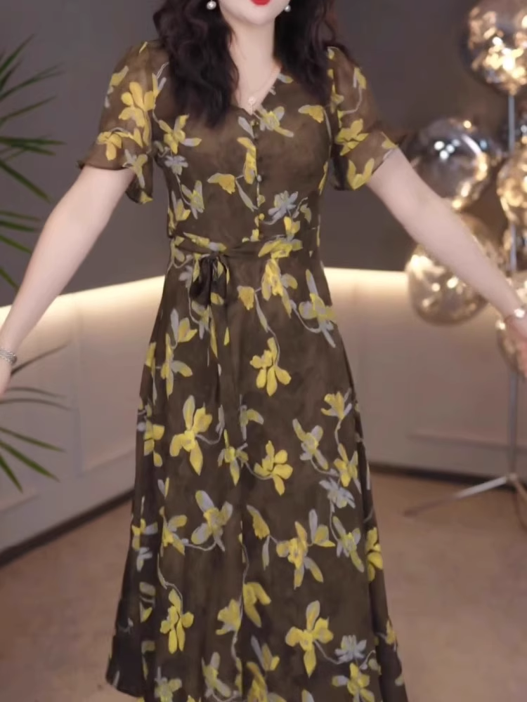 16992- Đầm voan xòe họa tiết hoa xanh vàng (voan + lót) 16992_thumbnail_1