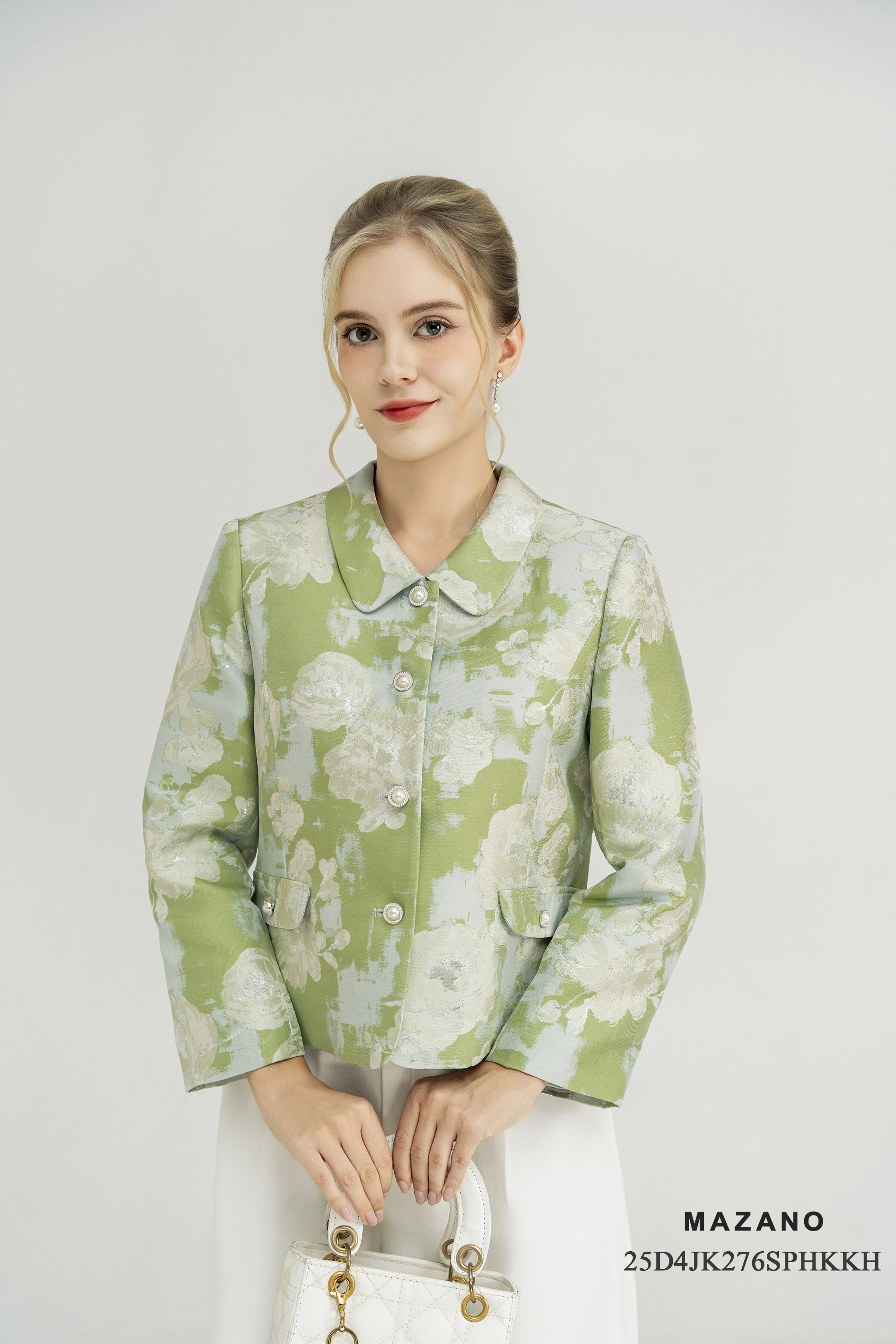 Áo khoác ngắn Suông Vải tafta gấm Họa tiết hoa cách điệu Cổ bẻ Dài dưới eo_thumbnail_2