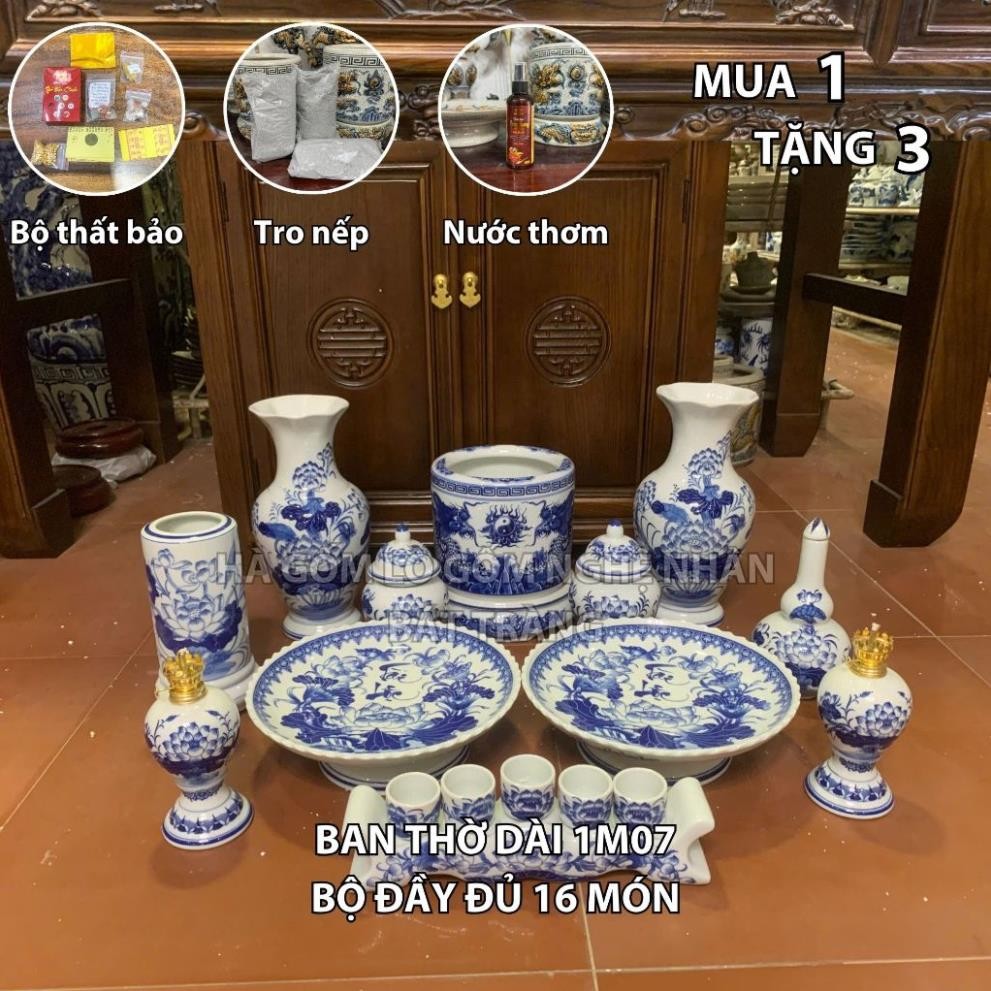 HG323 Đồ Thờ Cúng Bộ 16 món ban thờ 1M07 men lam nghệ nhân Bát Tràng chế tác TẶNG Thất Bảo, Tro Nếp