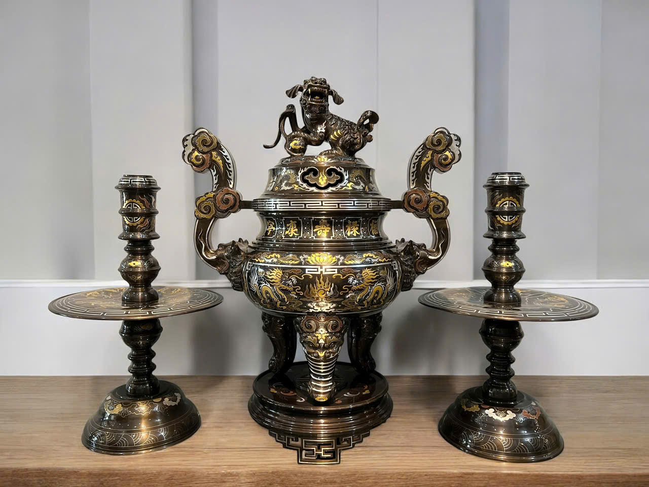 Bộ ngũ sự đúc đồng đỏ khảm ngũ sắc cao cấp cao 60cm_thumbnail_4