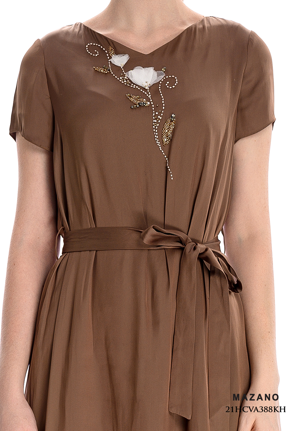 Đầm lụa suông nâu thắt đai đính hoa trang trí_thumbnail_4