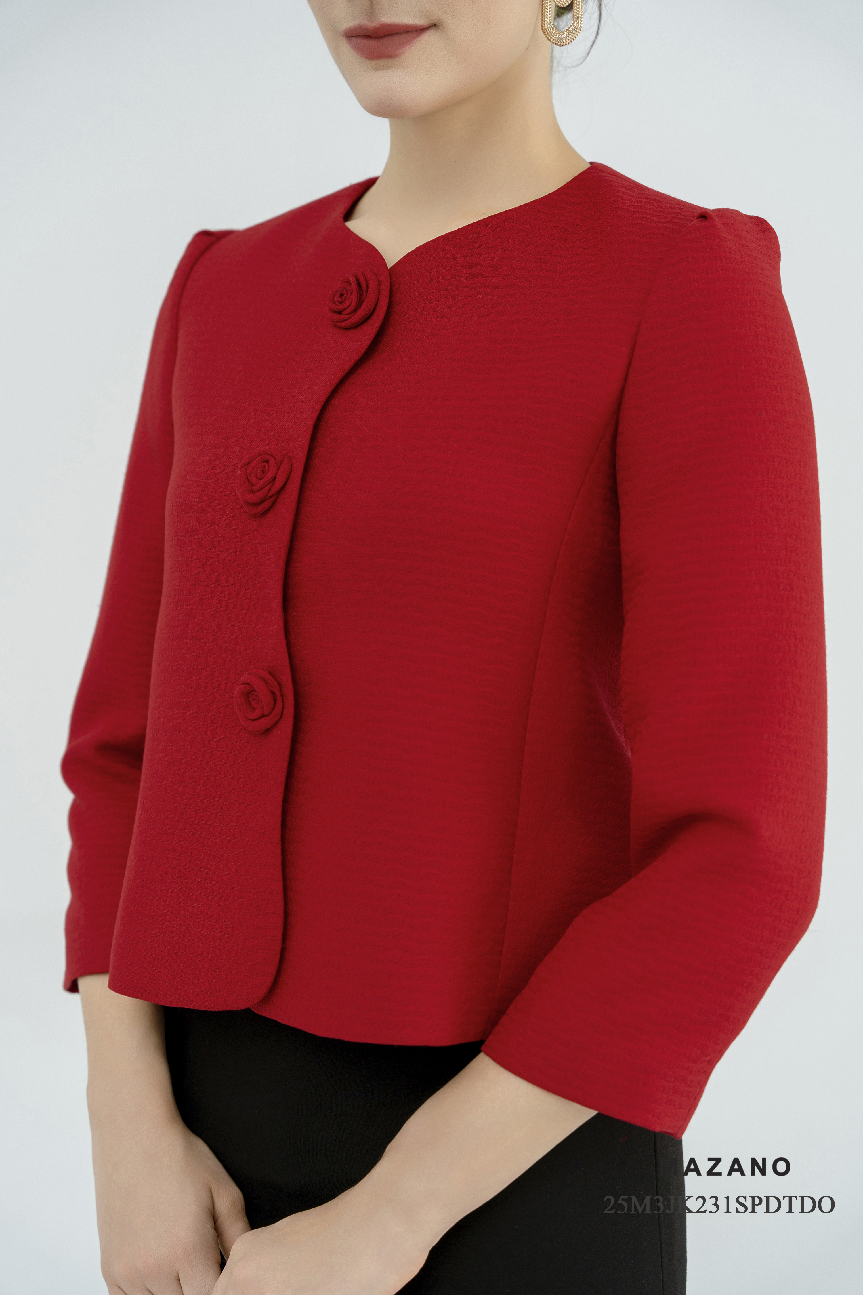 Áo khoác ngắn Suông Vải dạ xốp cao cấp vân chìm đính hoa thủ công Dài dưới eo