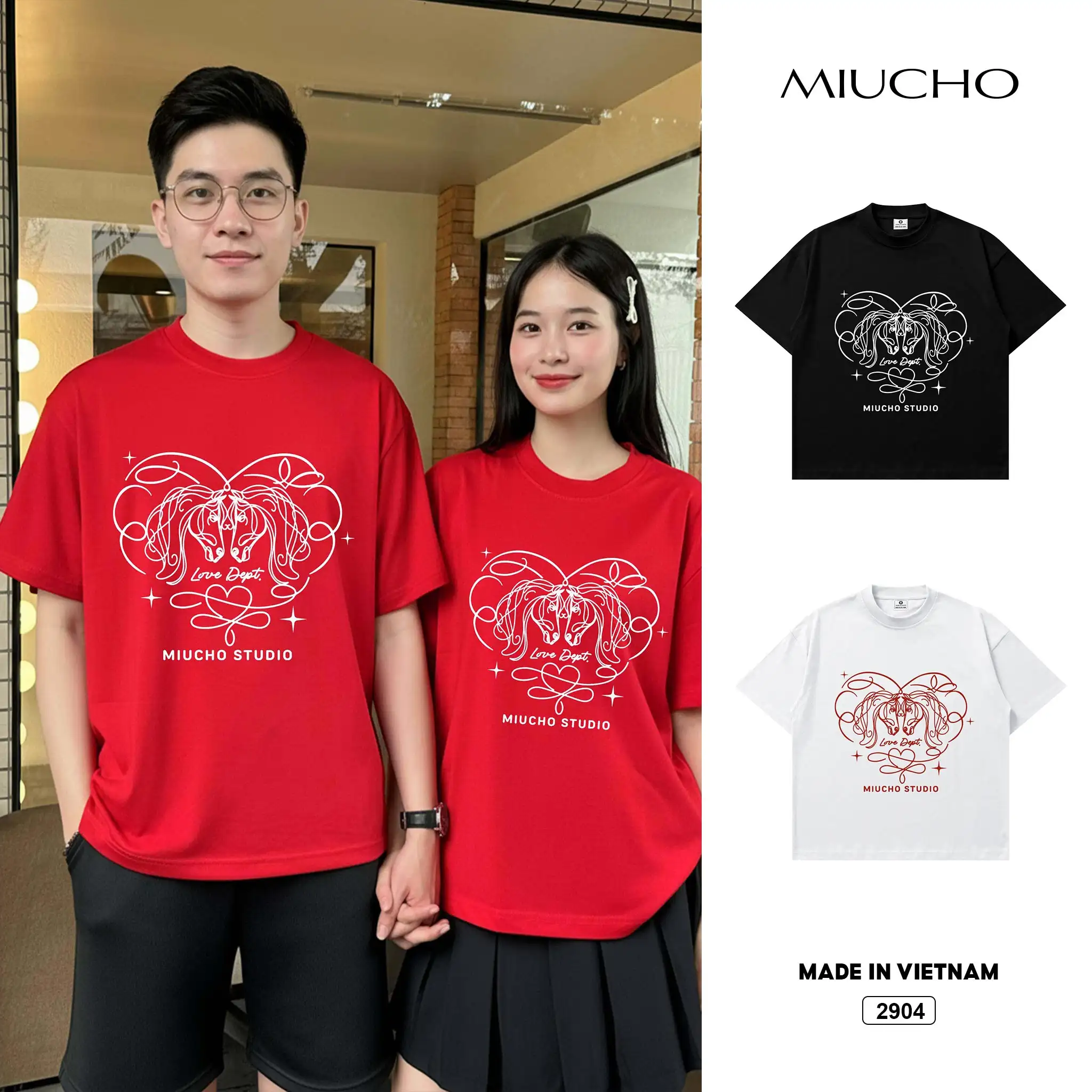 Áo thun couple cặp đôi form boxy Miucho vải thoáng mát trái tim dễ thương Tết in mix 2904