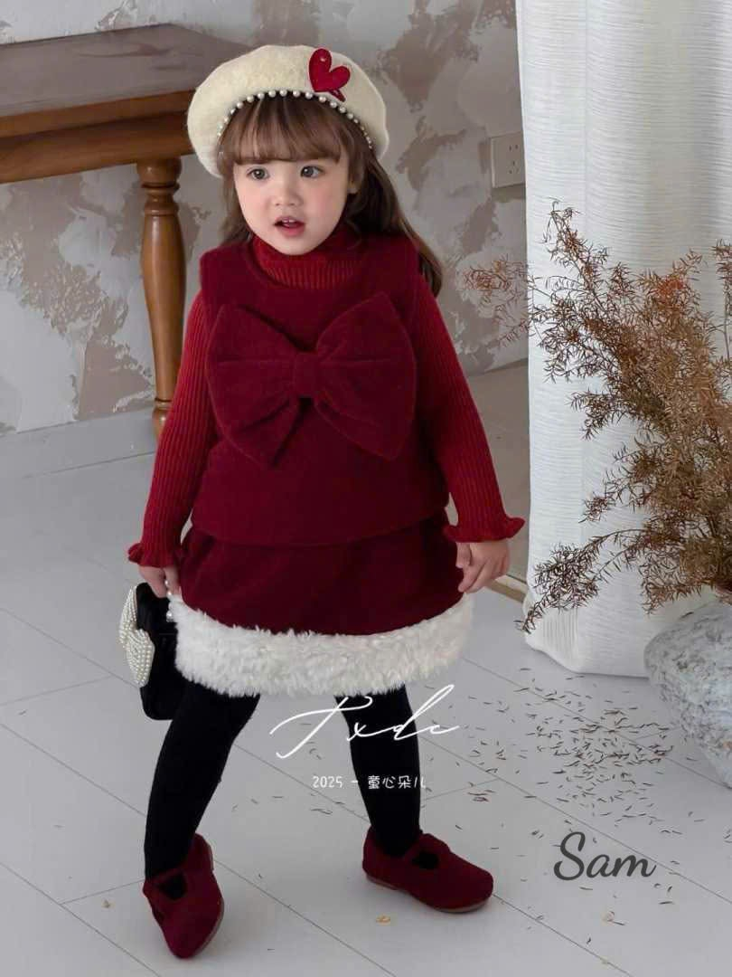 (V100) Set váy dạ nơ đỏ 3 chi tiết Noel hãng TXDE