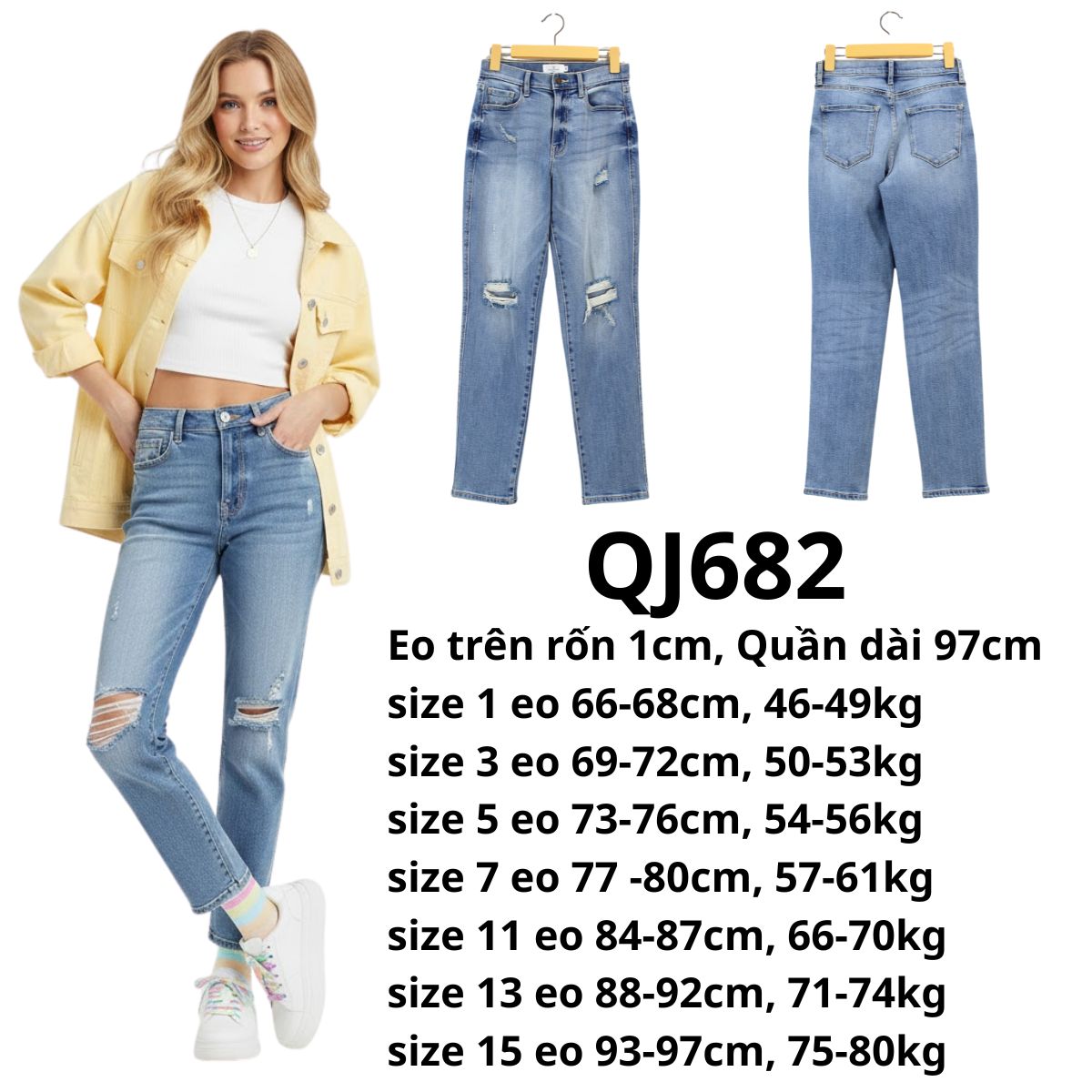QJ682 - Jeans rách gối