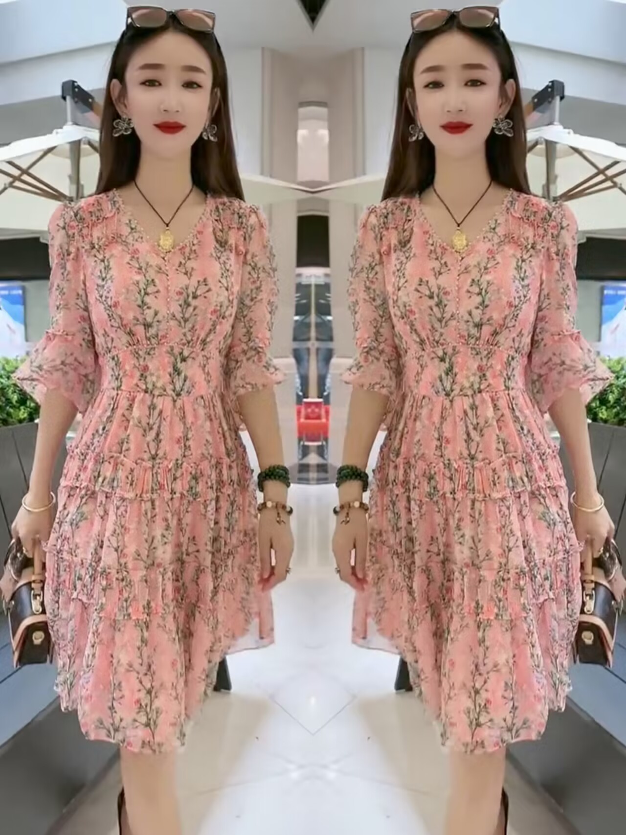 14531-Đầm voan xòe may viền tầng họa tiết hoa dây xanh (voan lót) 14531_thumbnail_1
