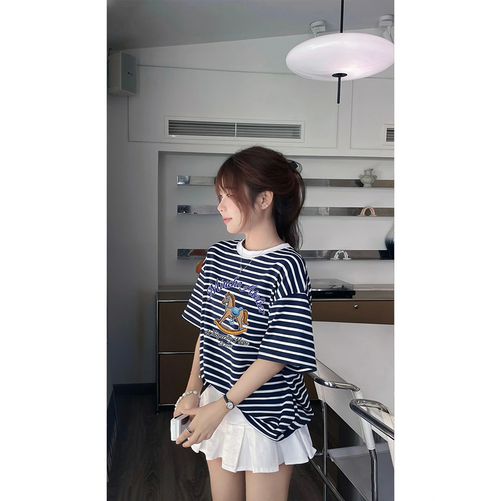 Áo thun boxy unisex Miucho Club vải borip thoáng mát tay ngắn cổ tròn hình chú ngựa sọc mix màu 2789_thumbnail_3