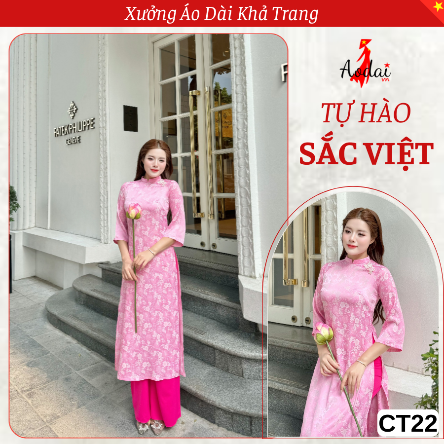 Bộ Áo dài Cách Tân Gấm Dáng Suông CT22 màu Hồng phấn cổ cao 2cm tay lỡ