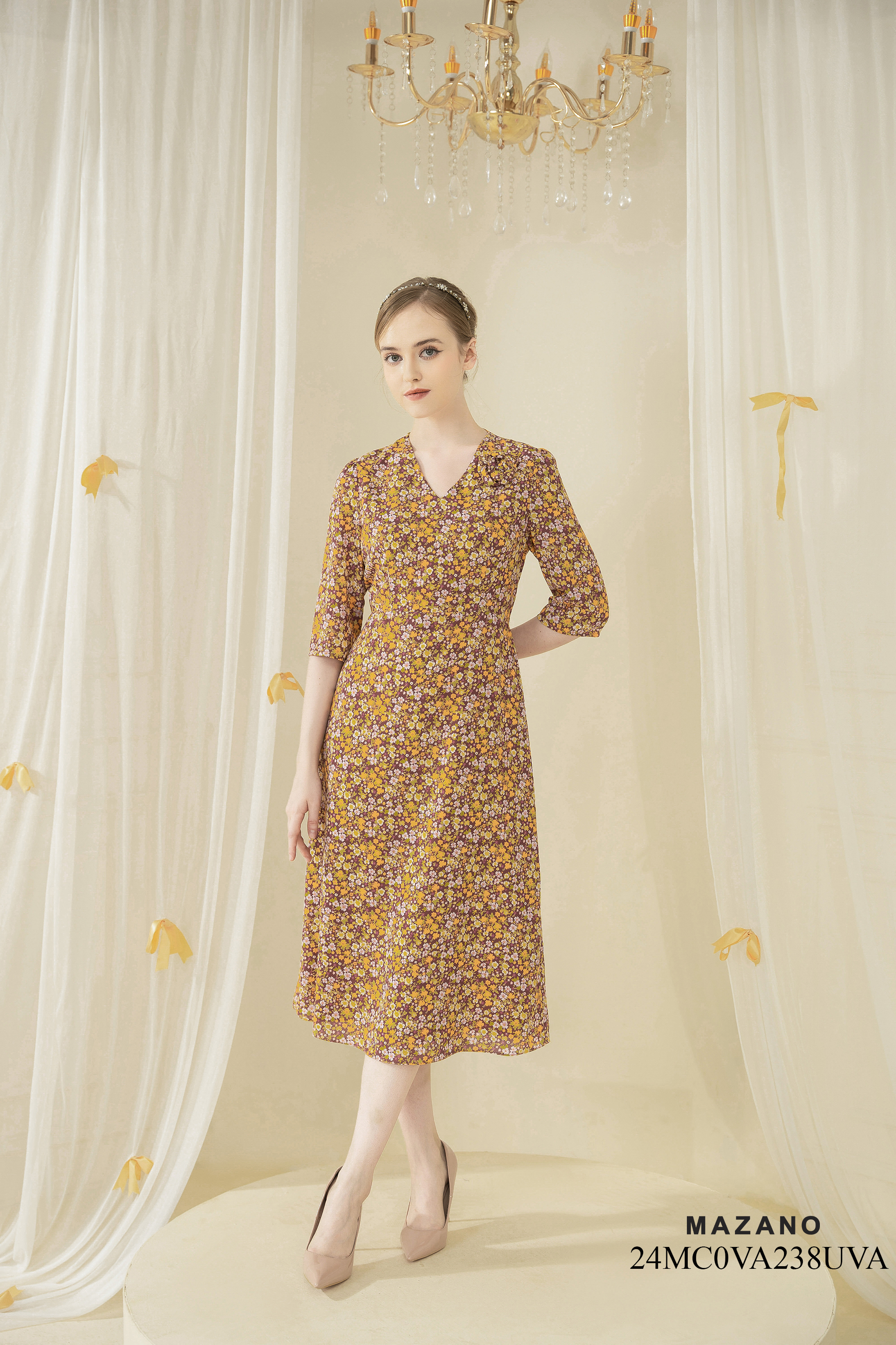 Váy Đầm Ôm Vải chiffon dày Hoạ tiết hoa nhí Cổ V Đính hoa thủ công Tay lỡ Dài đến bắp chân_thumbnail_1