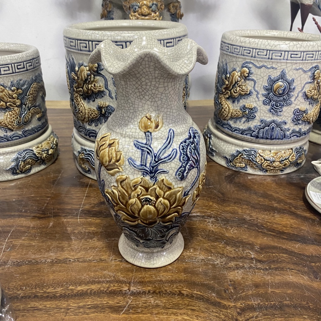 Lọ Hoa Thờ Cúng Lượn Chim Công Hoa Đào - Tài Lộc Phú Quý 26cm, 32cm- Men Rạn Gốm Sứ Bát Tràng_thumbnail_1