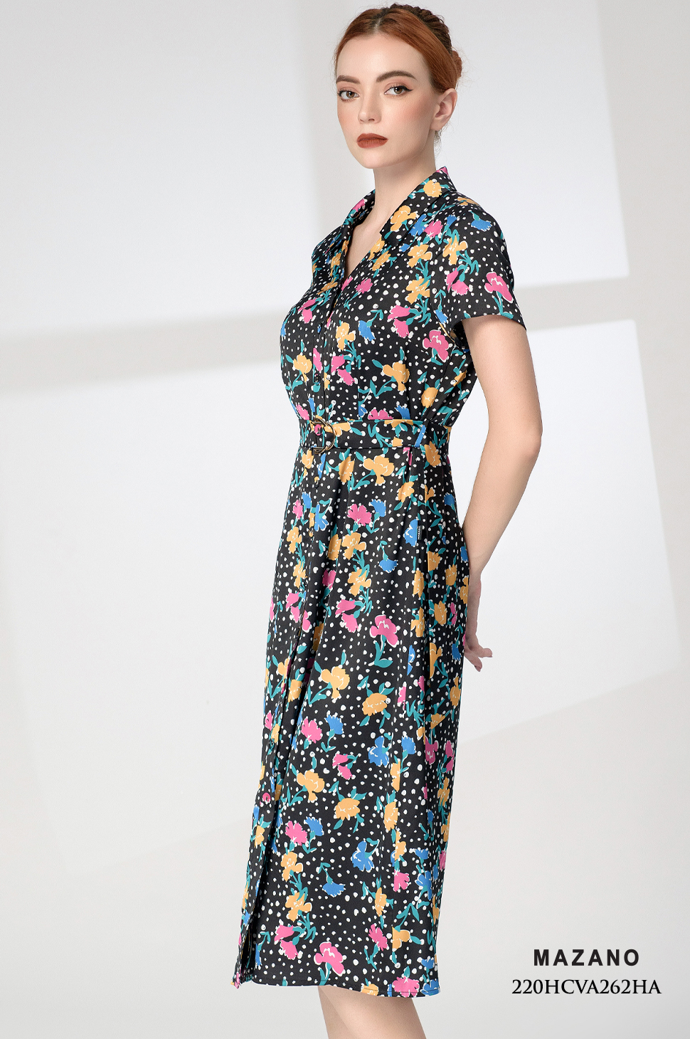 Đầm đen sơ mi thắt đai in hoa_thumbnail_2