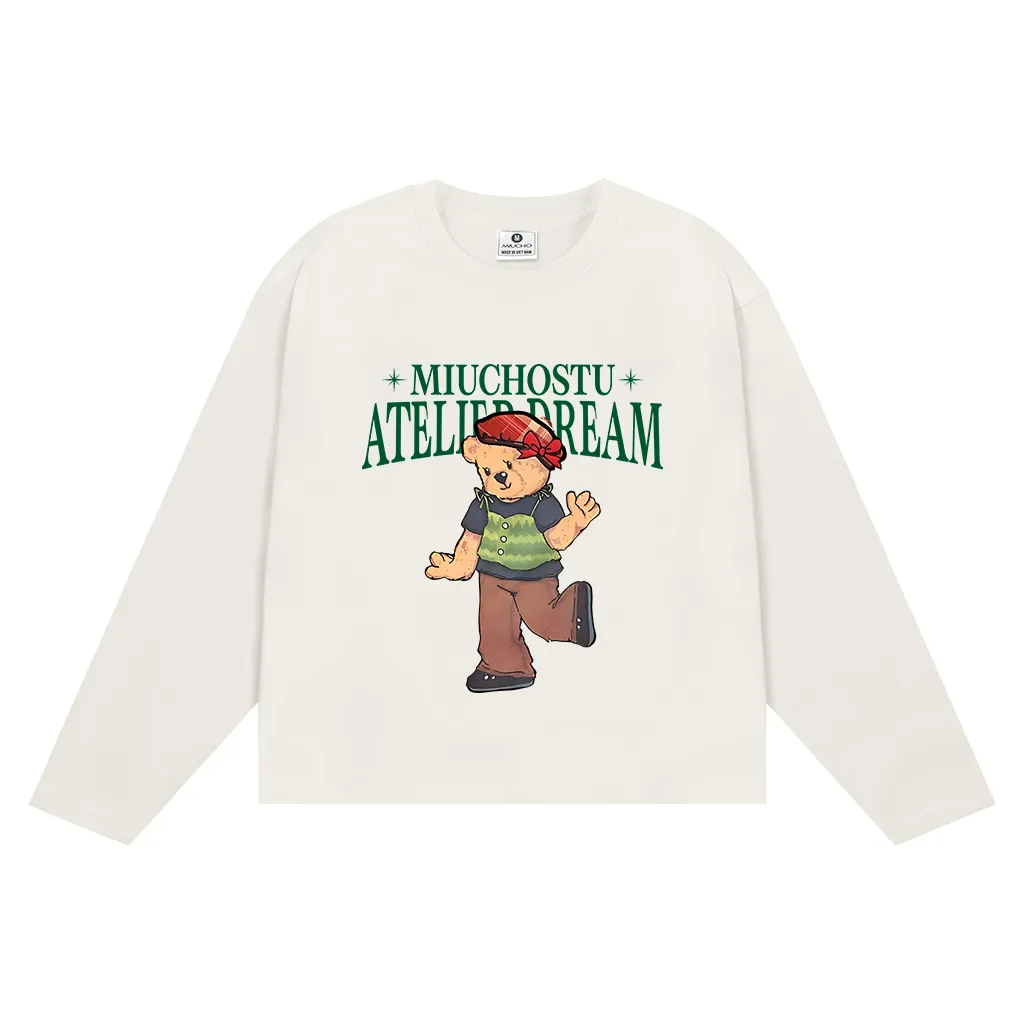 Áo thun boxy unisex Miucho tay dài cổ tròn vải cotton thoáng mát dày dặn hình gấu bông in mix 2658