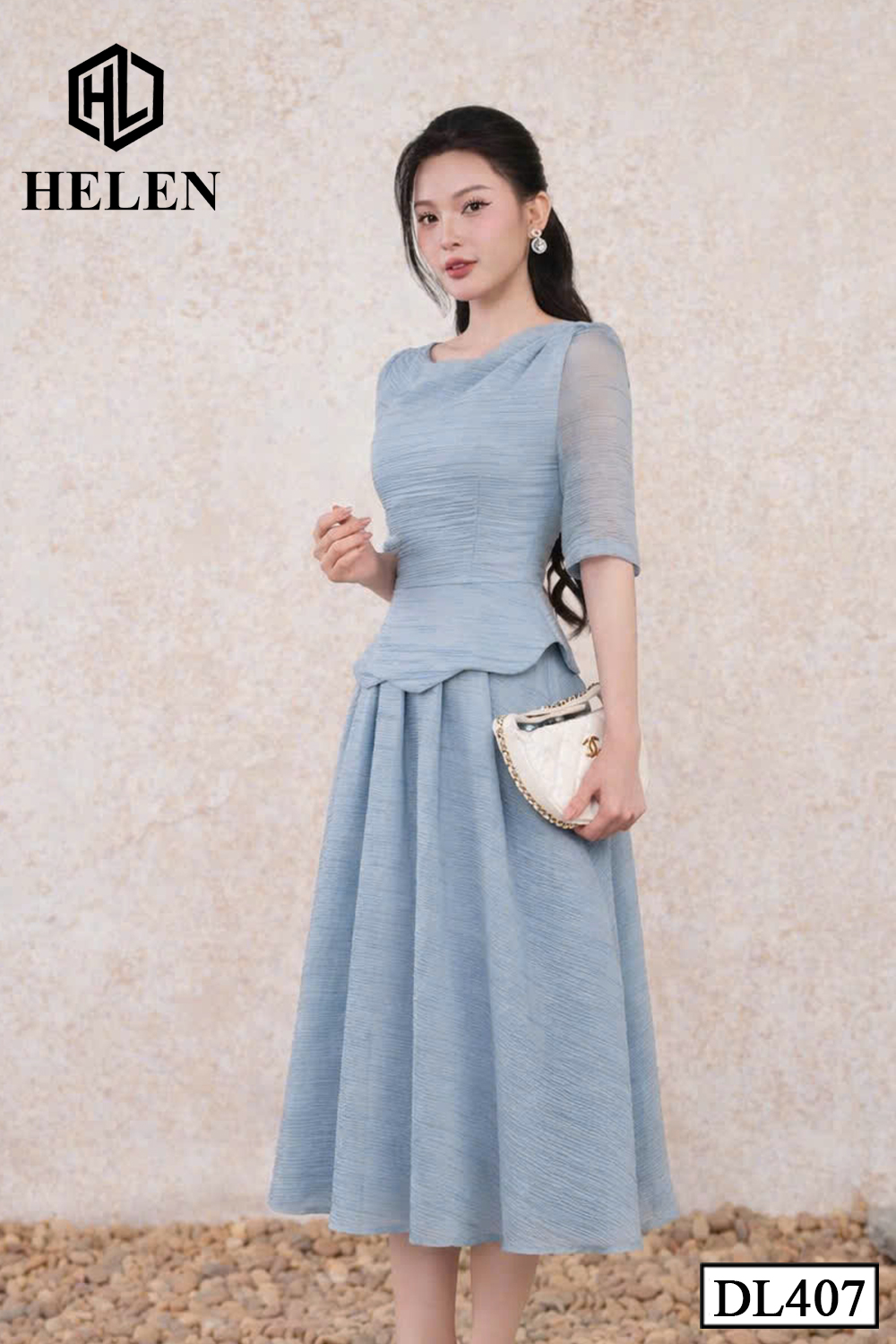 Đầm liền thân xòe xanh cổ thuyền nhún vai DL407