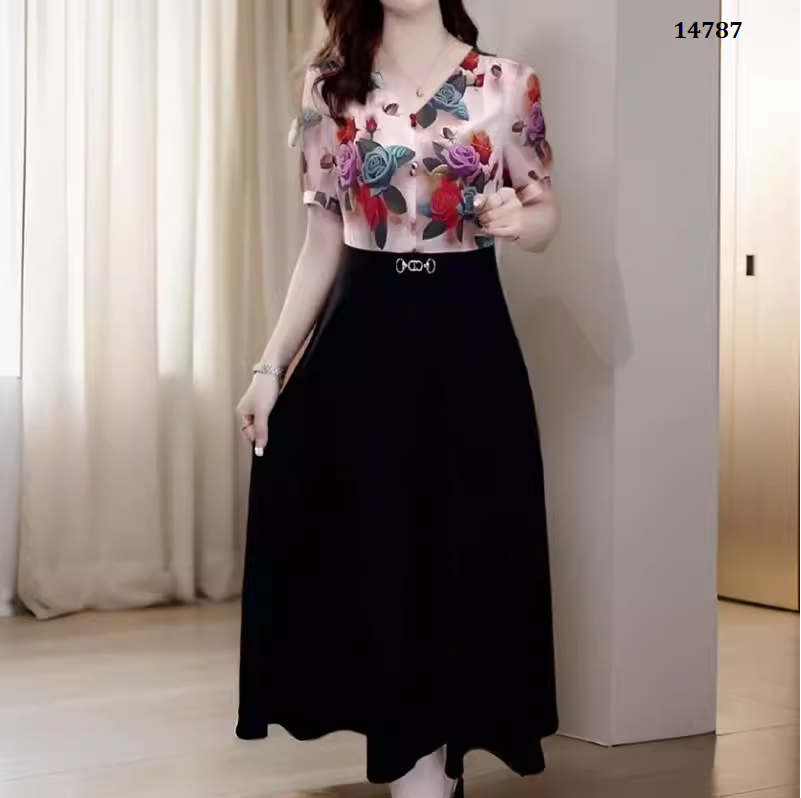 14787-Đầm xòe đen phối thân áo in hoa 3D (thun lụa phối voan in) 14787_thumbnail_2