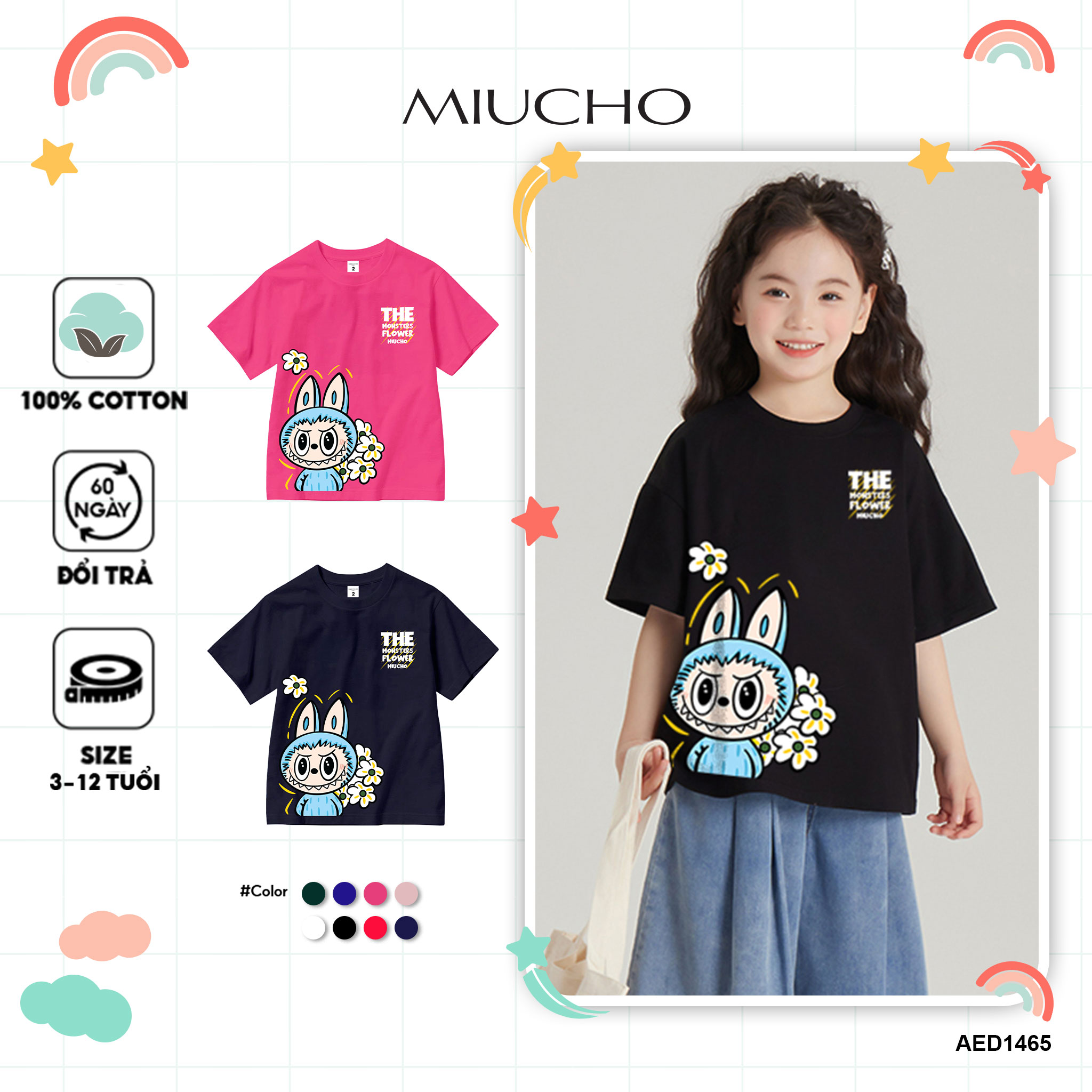 Áo thun bé gái labubu dễ thương nhiều màu sắc AED1465 Miucho Kid vải cotton thoáng mát cổ tròn in graphic