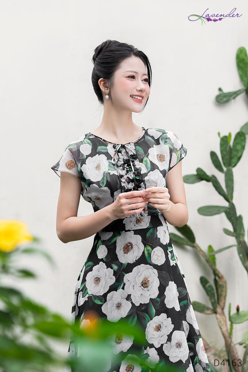 Đầm hoa nhún bèo dọc cổ tròn phối nơ  D4163_thumbnail_5