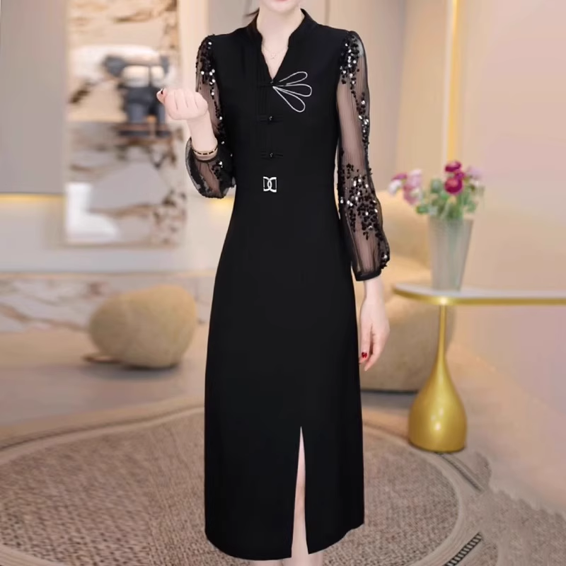 16553-Đầm suông đen phối tay lưới kim sa xẻ tà cách điệu ( thun nhật, thun lưới)_thumbnail_1