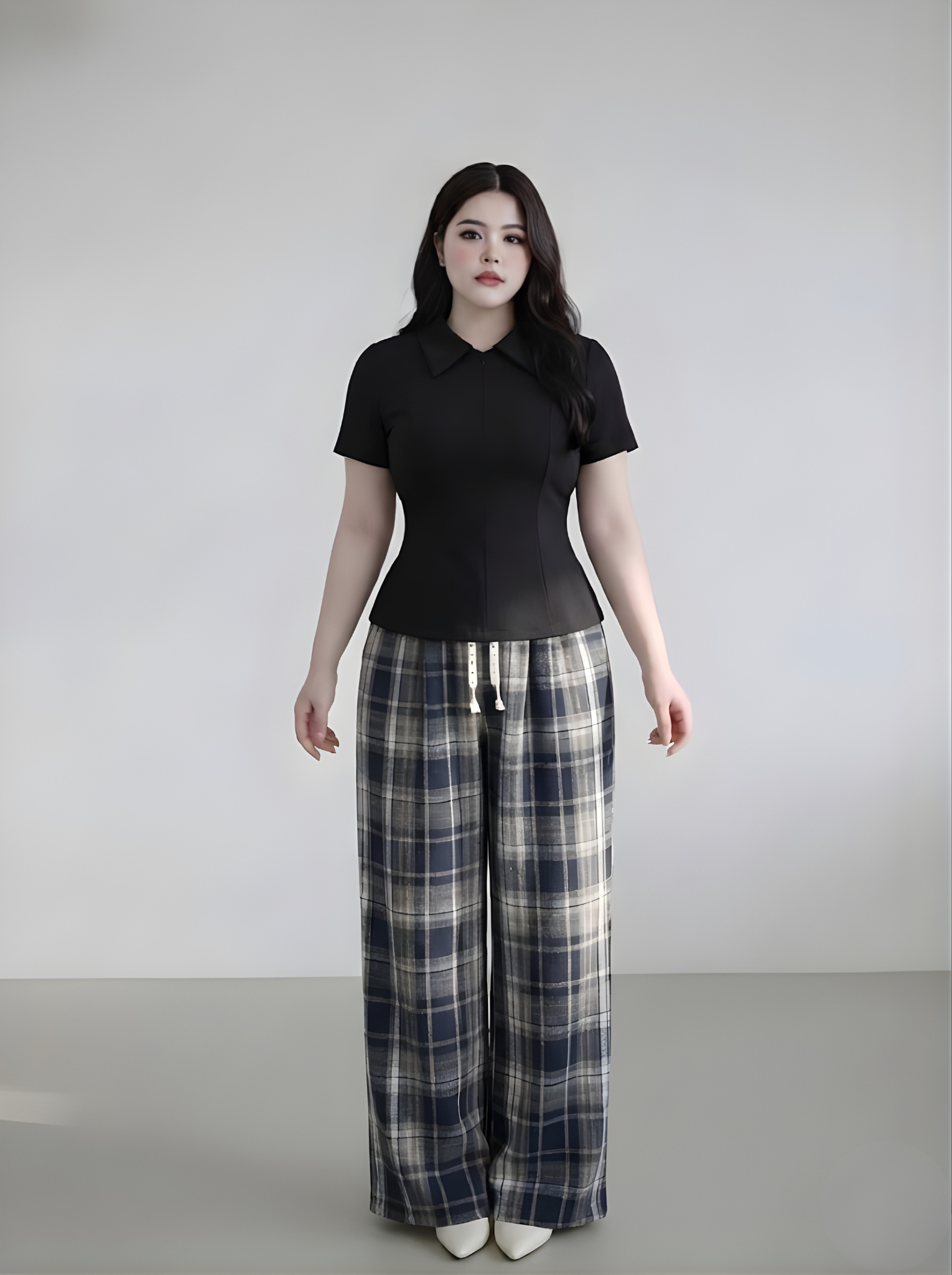 Quần suông nỉ caro phối lưng kiểu bigsize QD032 dành cho nàng mũm mĩm từ 55-95kg