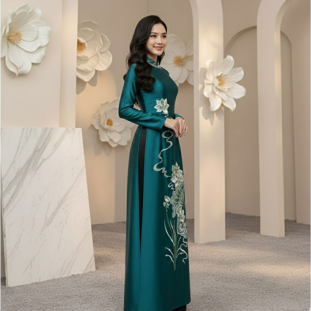 Áo Dài Mẹ Cô Dâu Chú Rể Xanh Ngọc Thêu Hoa Sen – Chất Liệu Ruby Cao Cấp AM25-05