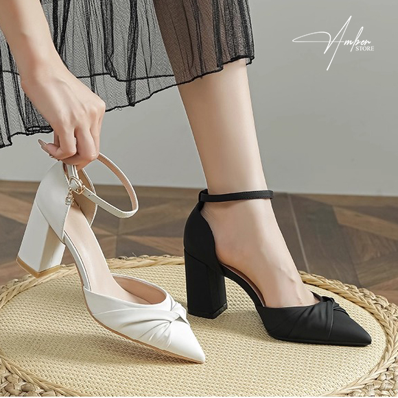 Giày Cao Gót Nữ Gót Vuông Bít Mũi Xoắn Nơ – CG18