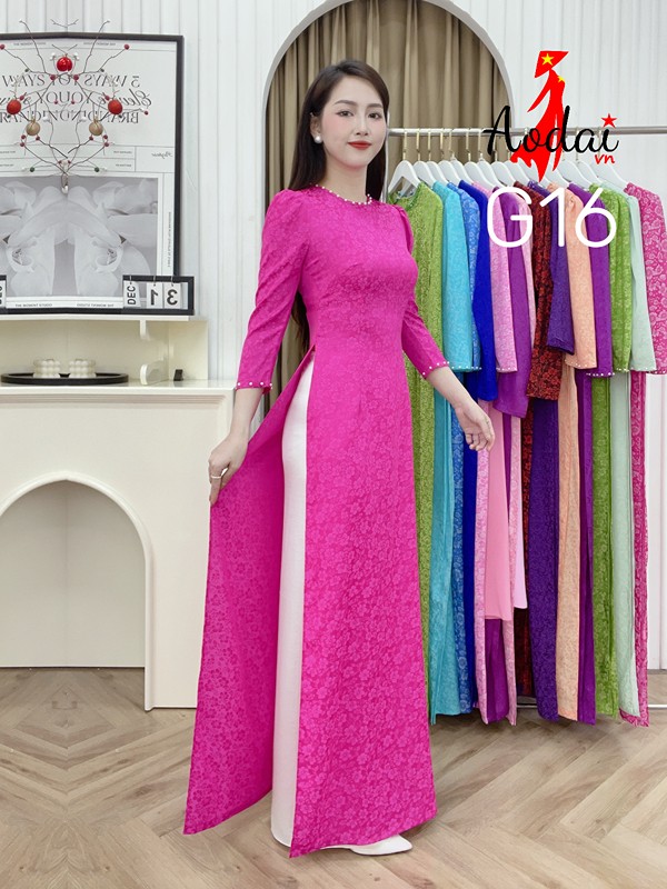 Áo dài Gấm G16 màu Hồng sen cổ tròn tay bồng đính hạt ngọc