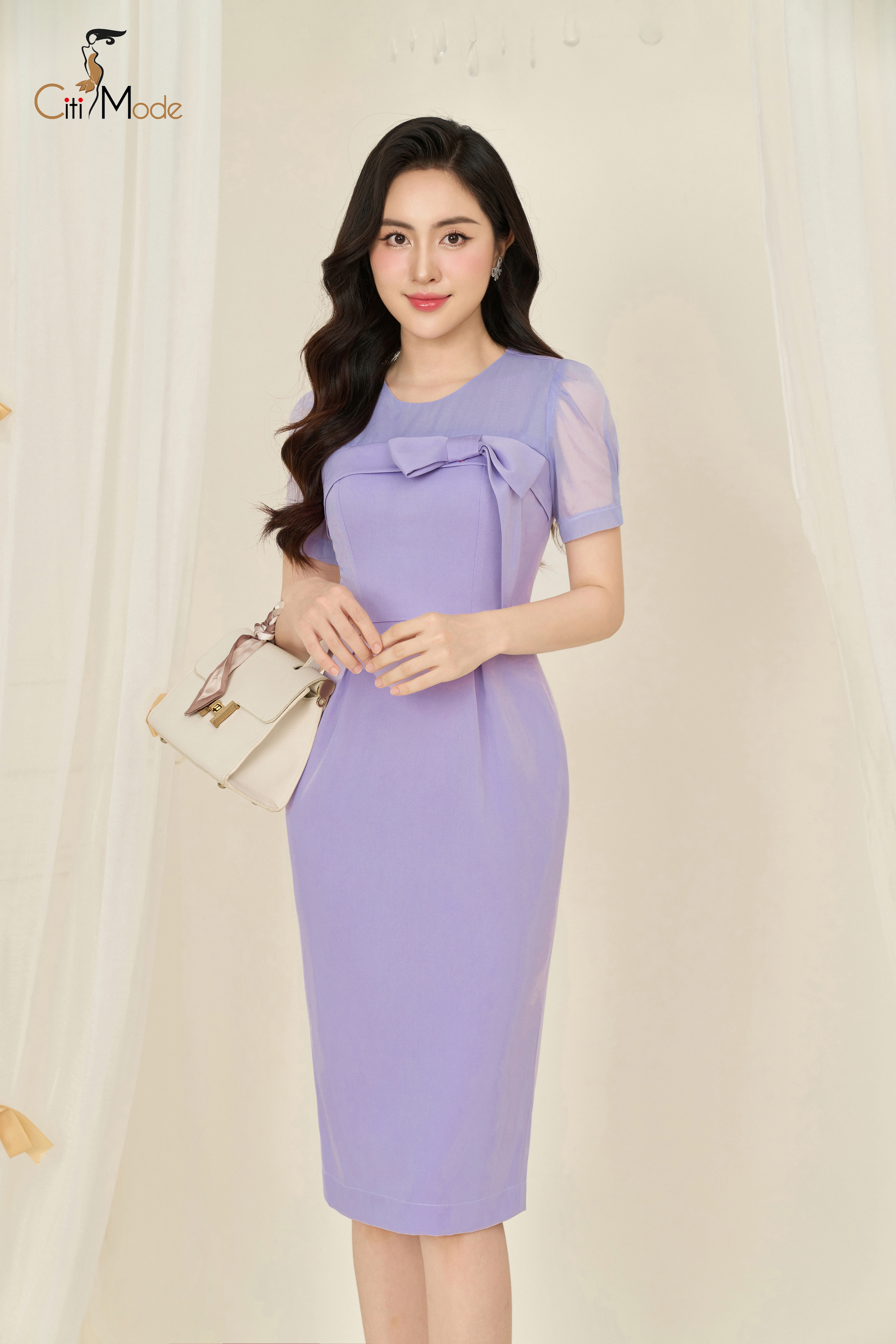 Đầm ôm tím nơ ngực phối voan_thumbnail_0