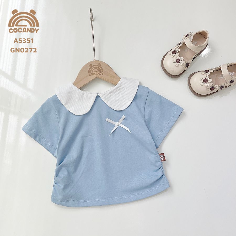 Áo cộc XANH DƯƠNG sườn nhún cổ TRẮNG