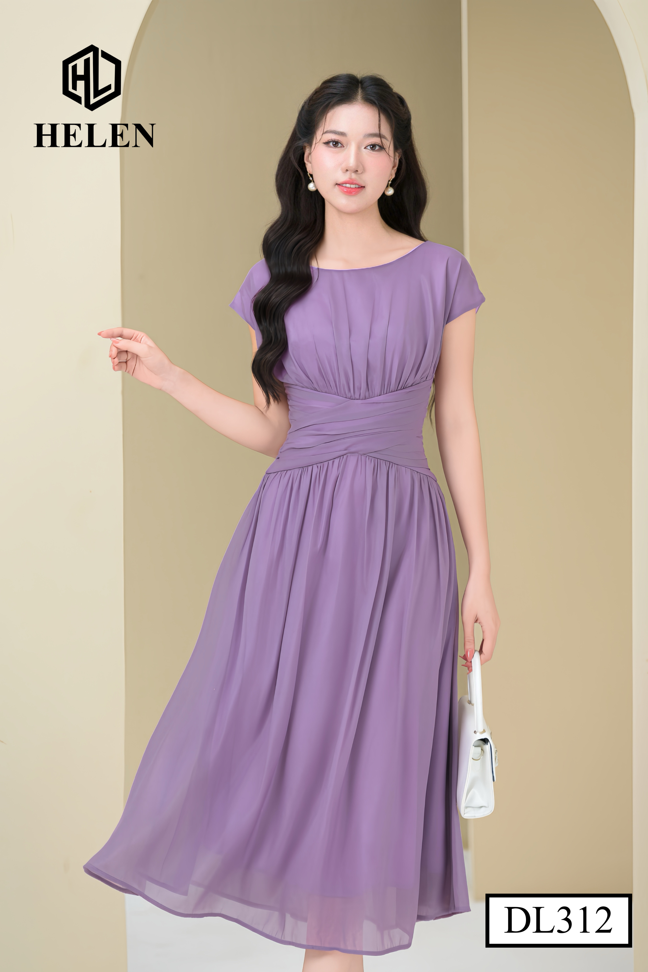 Đầm xòe tơ tím xếp eo vai chờm DL312