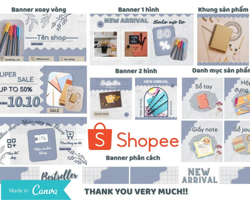 Bộ Templates Shopee Văn Phòng Phẩm – Canva Templates
