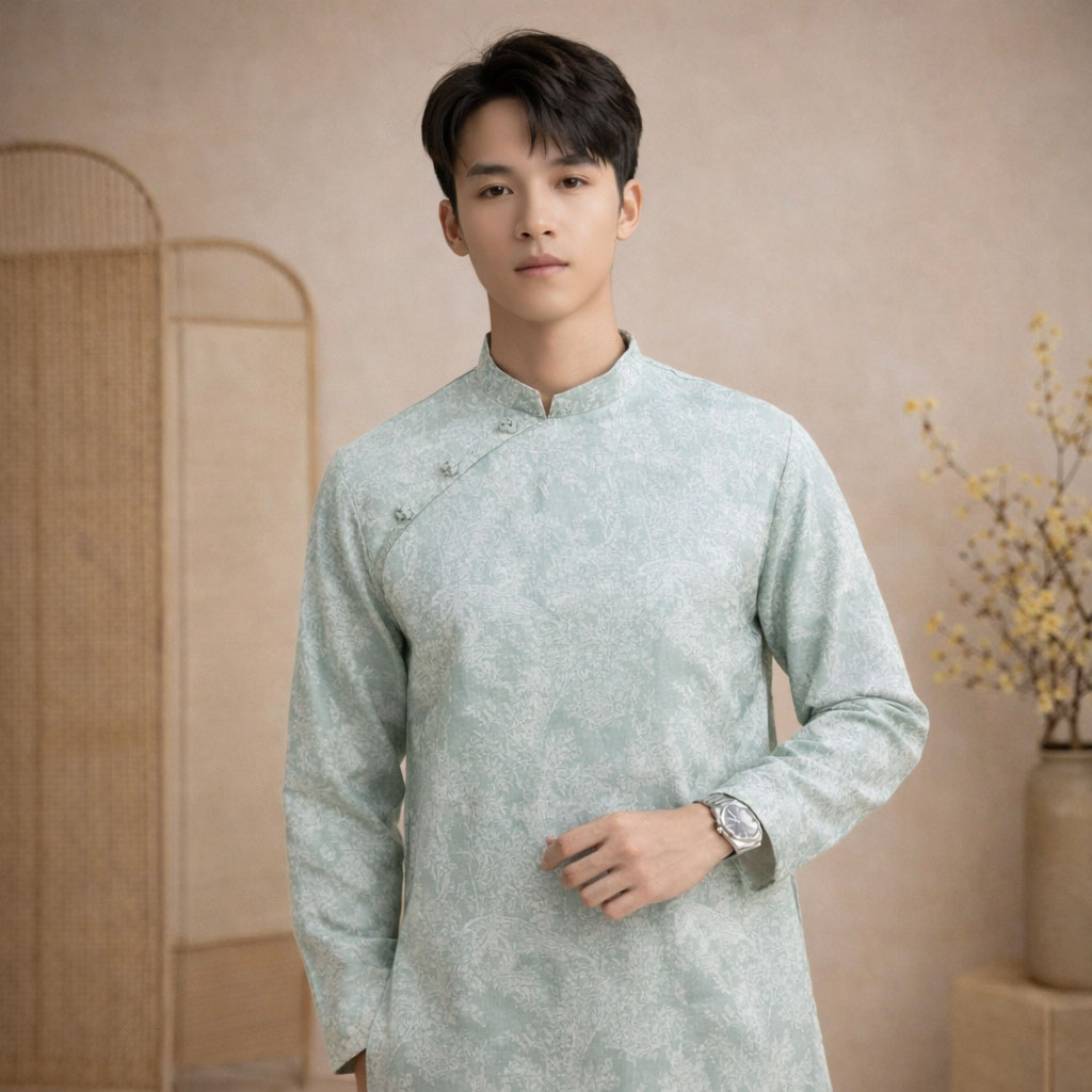 Áo Dài Nam Cách Tân Gấm Châu Sa Xanh Ngọc – Hoa Tiết NA25-04